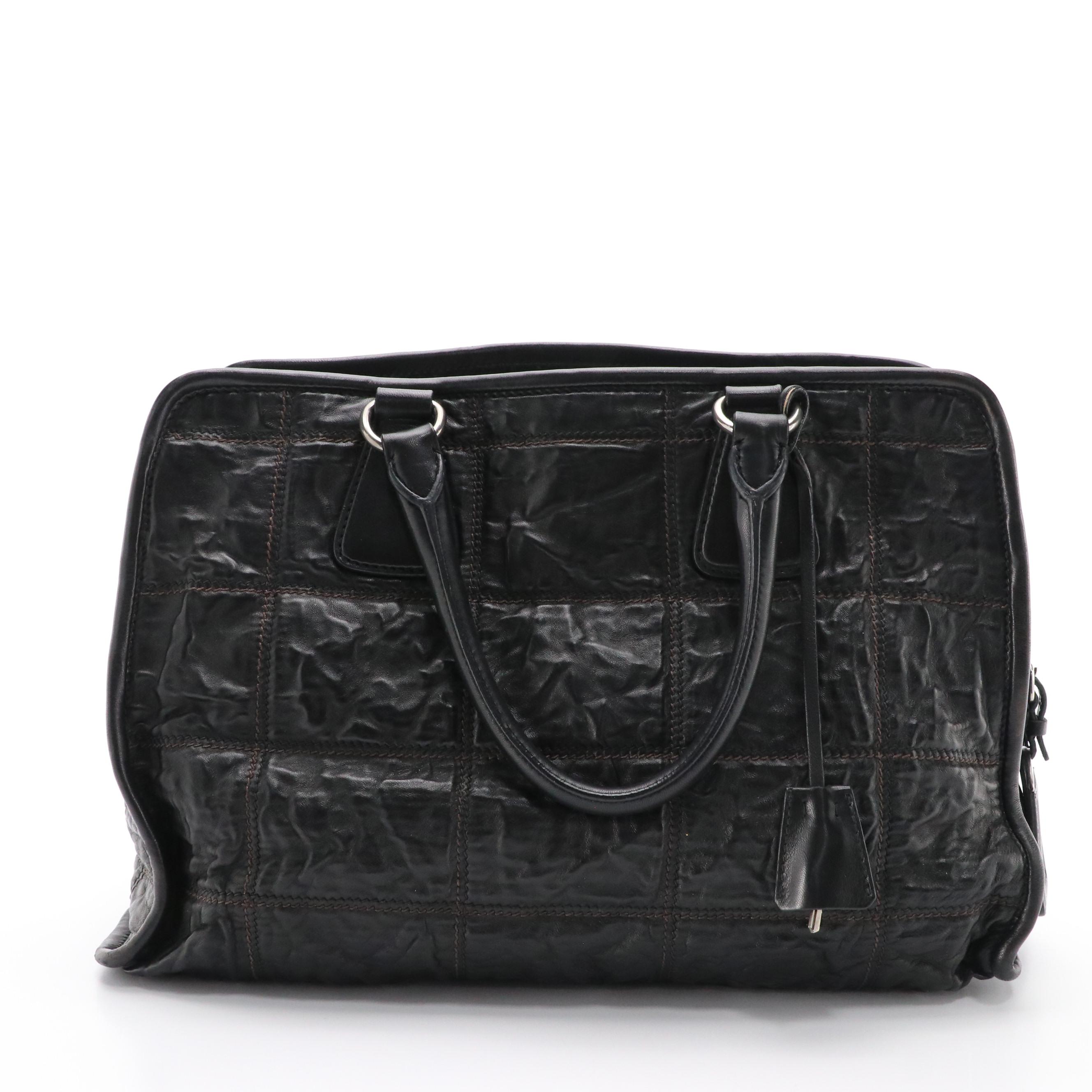 Prada Bauletto Handbag in Square Stitch Black Nappa Antique Leather