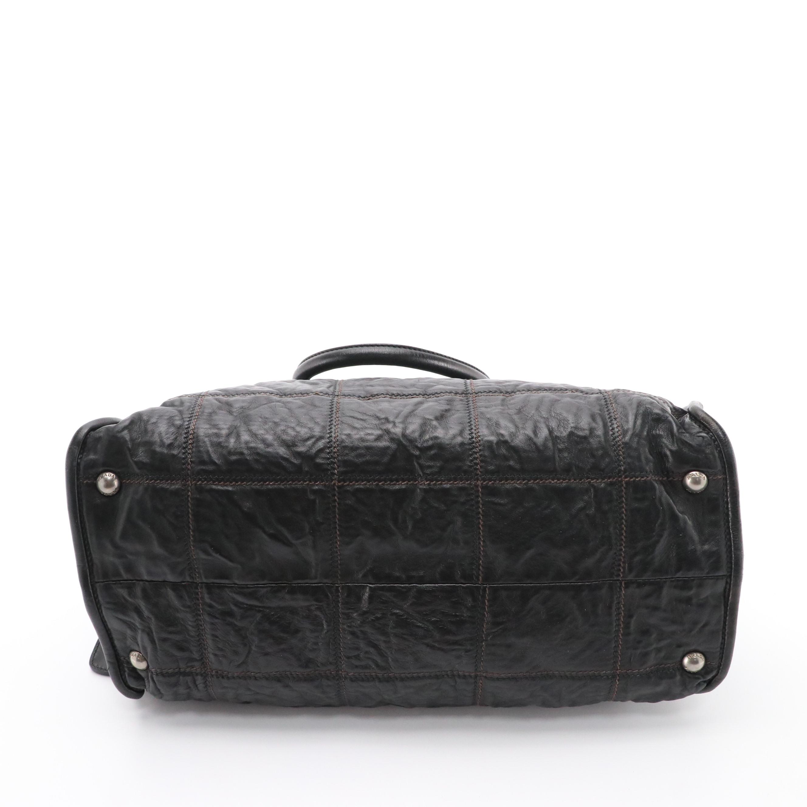 Prada Bauletto Handbag in Square Stitch Black Nappa Antique Leather