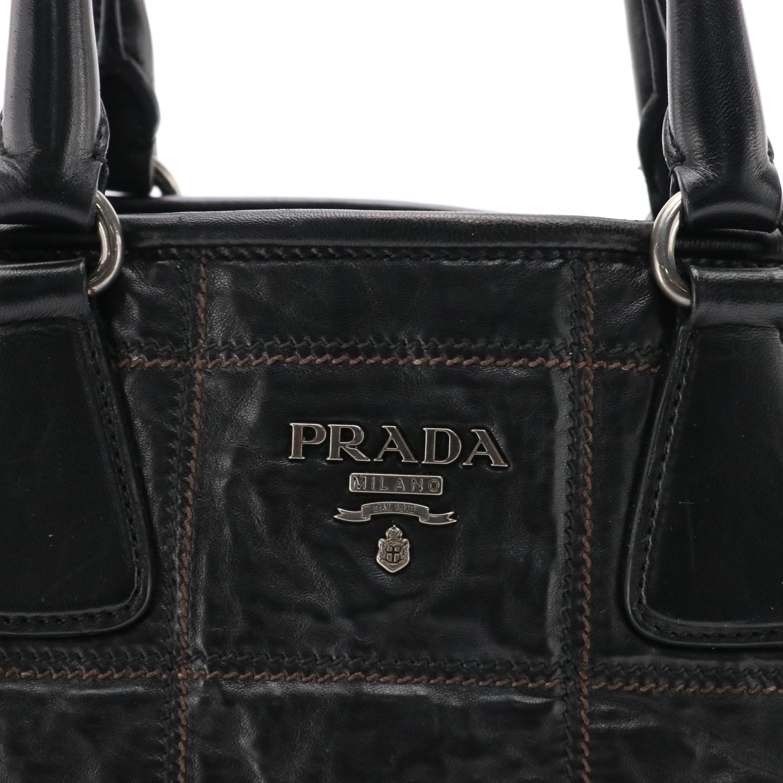 Prada Bauletto Handbag in Square Stitch Black Nappa Antique Leather