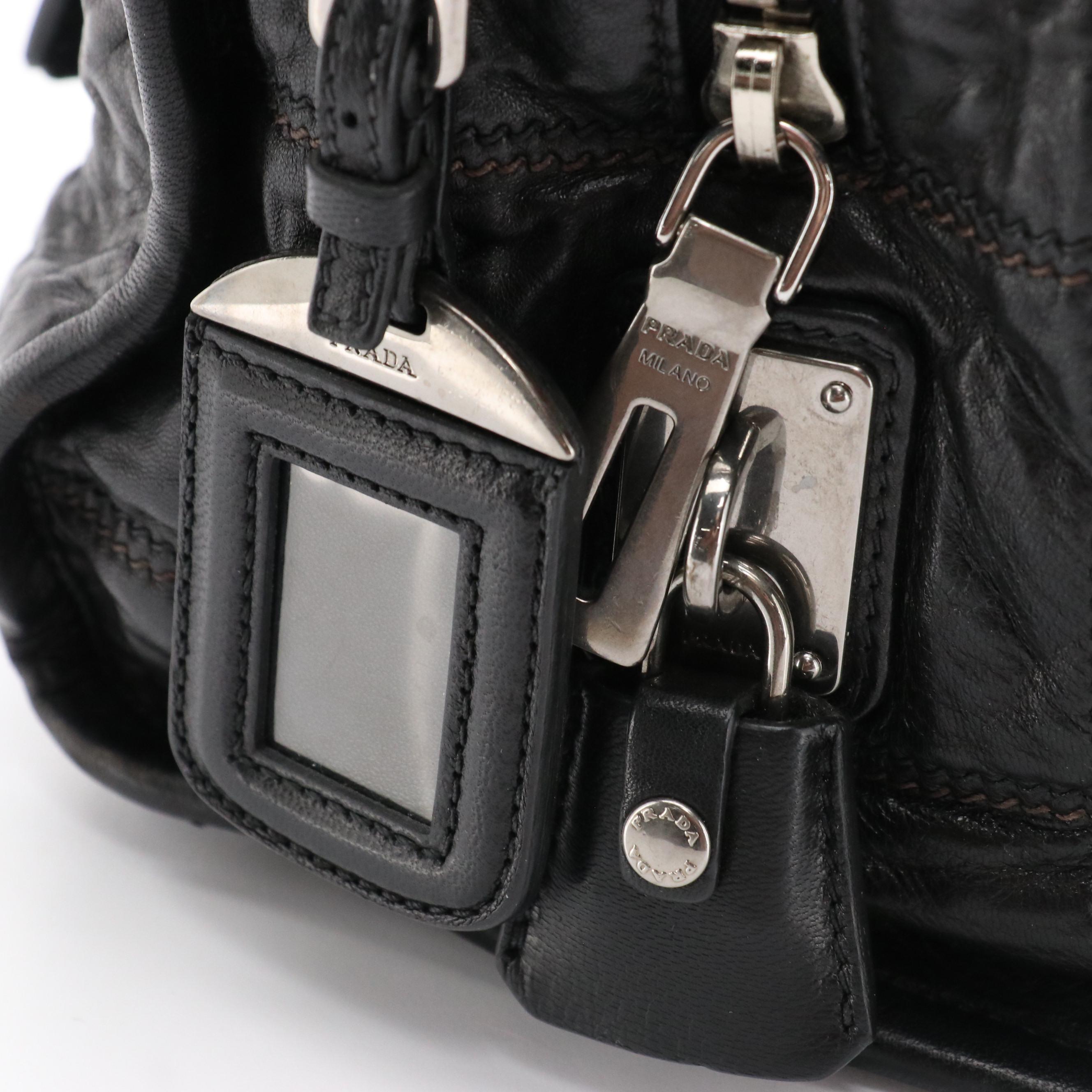 Prada Bauletto Handbag in Square Stitch Black Nappa Antique Leather