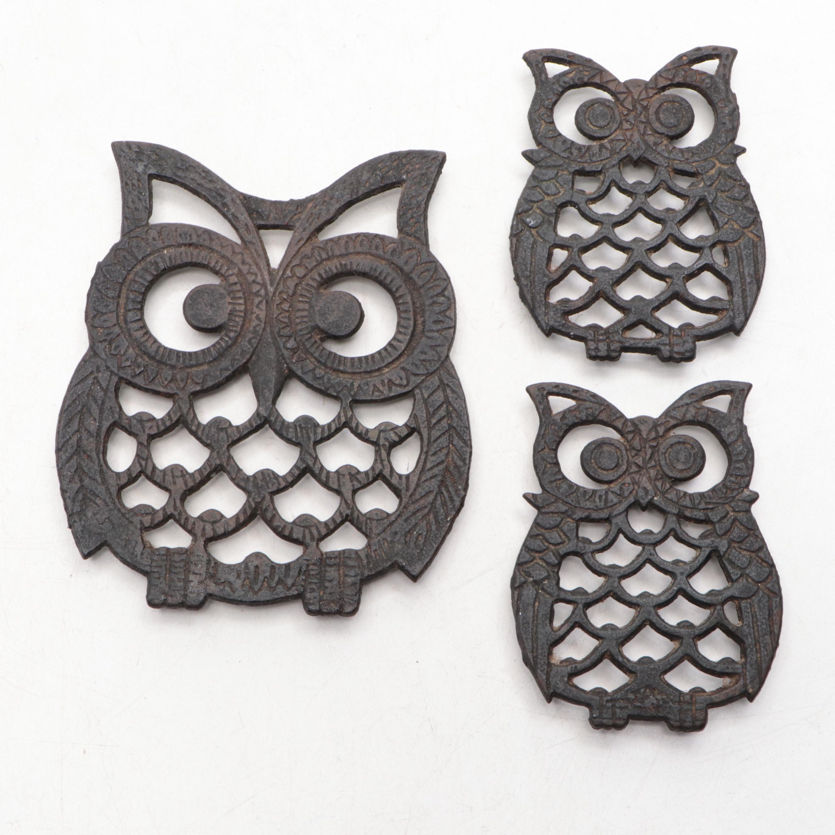 Owl-Themed Wall Hangings with Cast Iron Owl Trivets and Ceramic Incense Burner