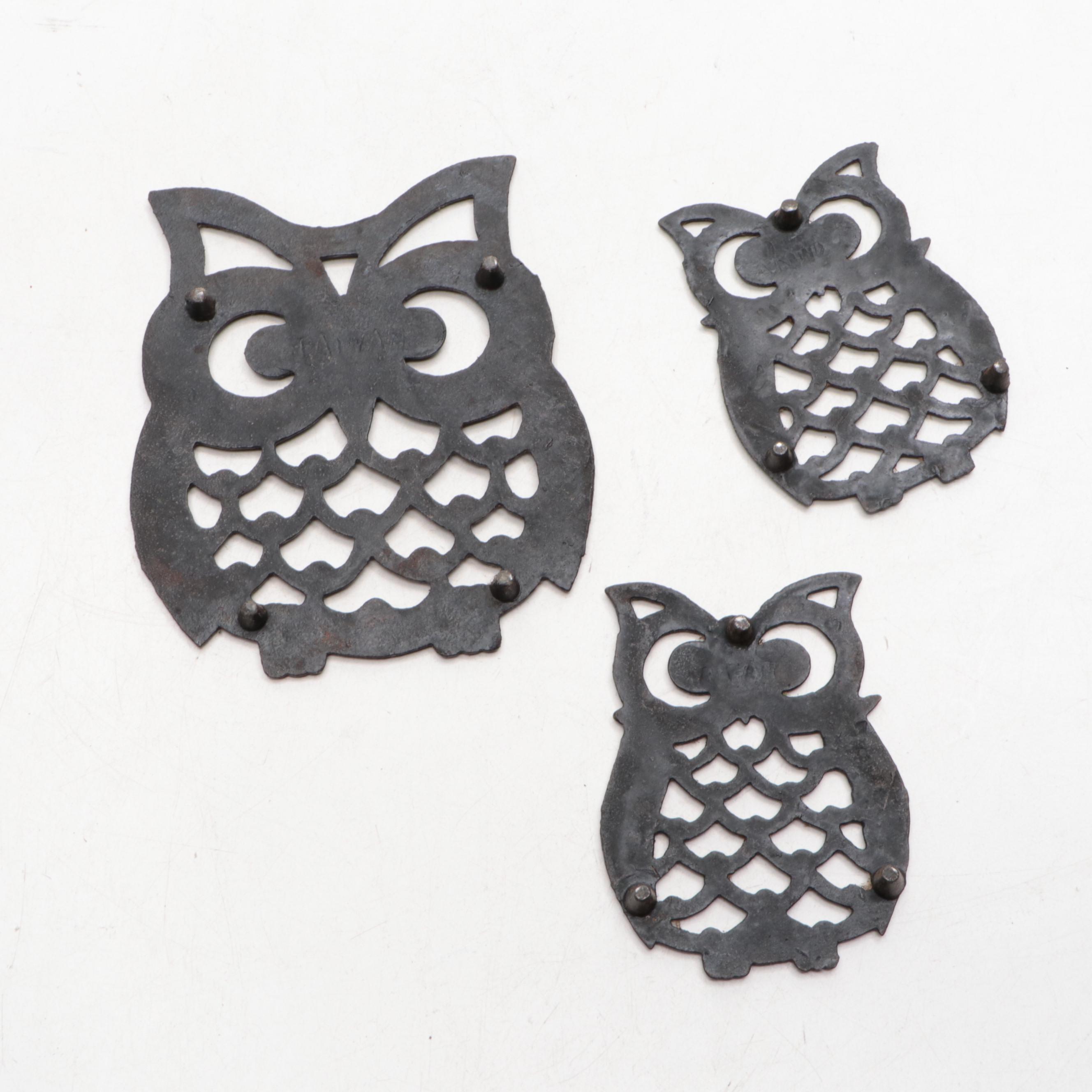 Owl-Themed Wall Hangings with Cast Iron Owl Trivets and Ceramic Incense Burner