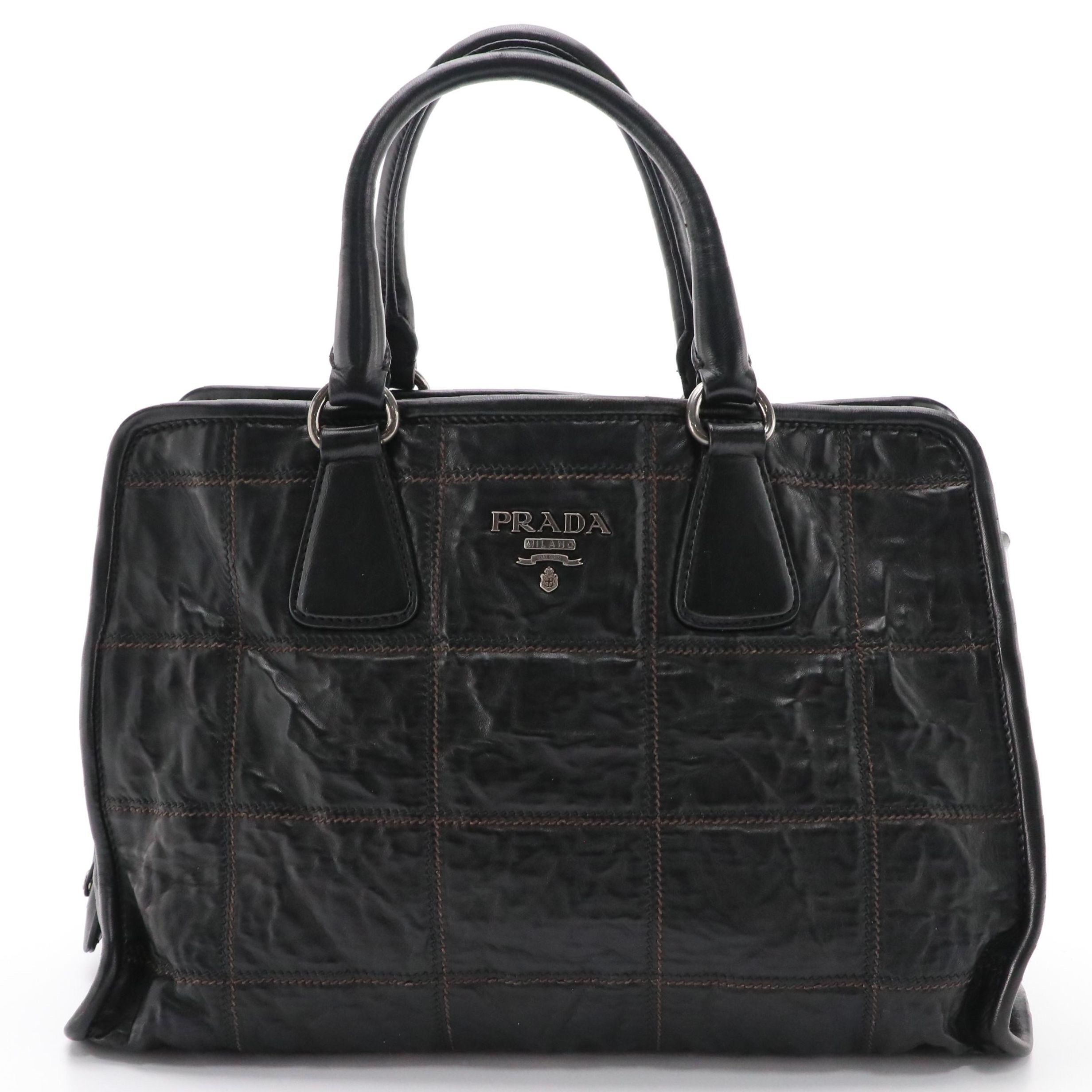 Prada Bauletto Handbag in Square Stitch Black Nappa Antique Leather