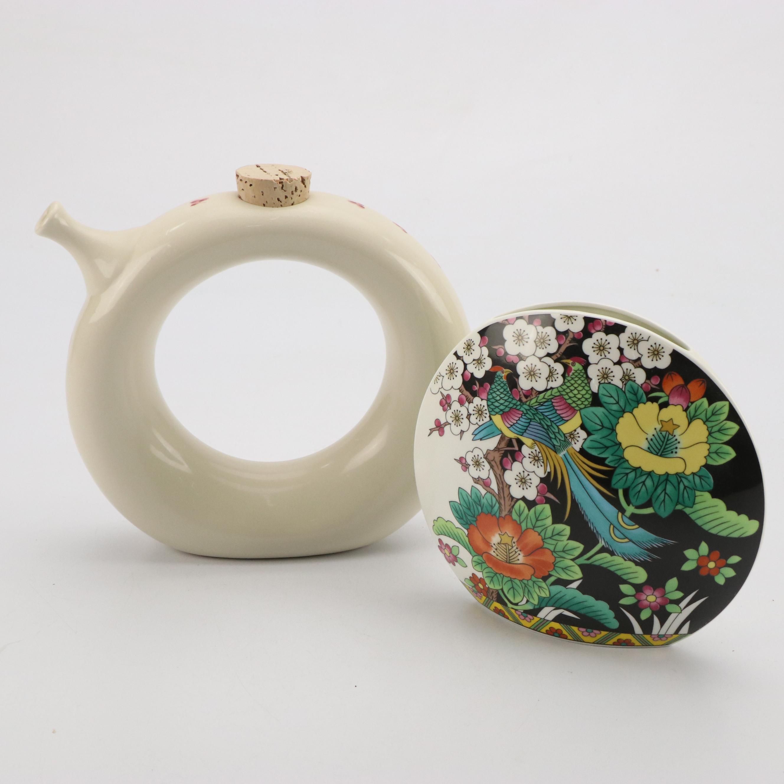 Hartstone Pottery Circular Ceramic Decanter with Mikasa "Kutani Bird" Vase