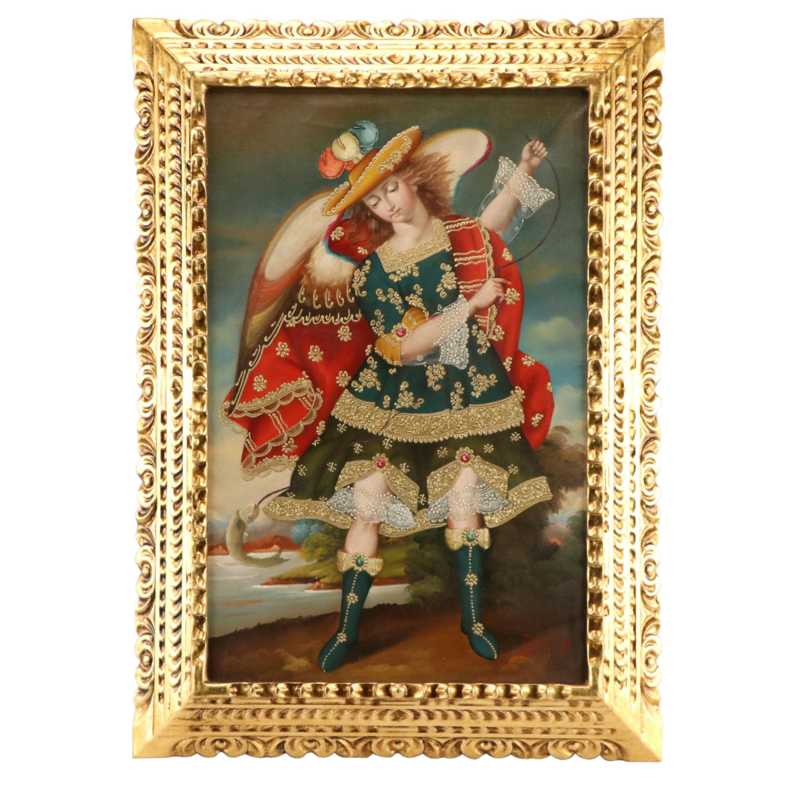 Ernesto Zuñiga Oil Painting With Bronze Leaf "San Raphael Archangel"