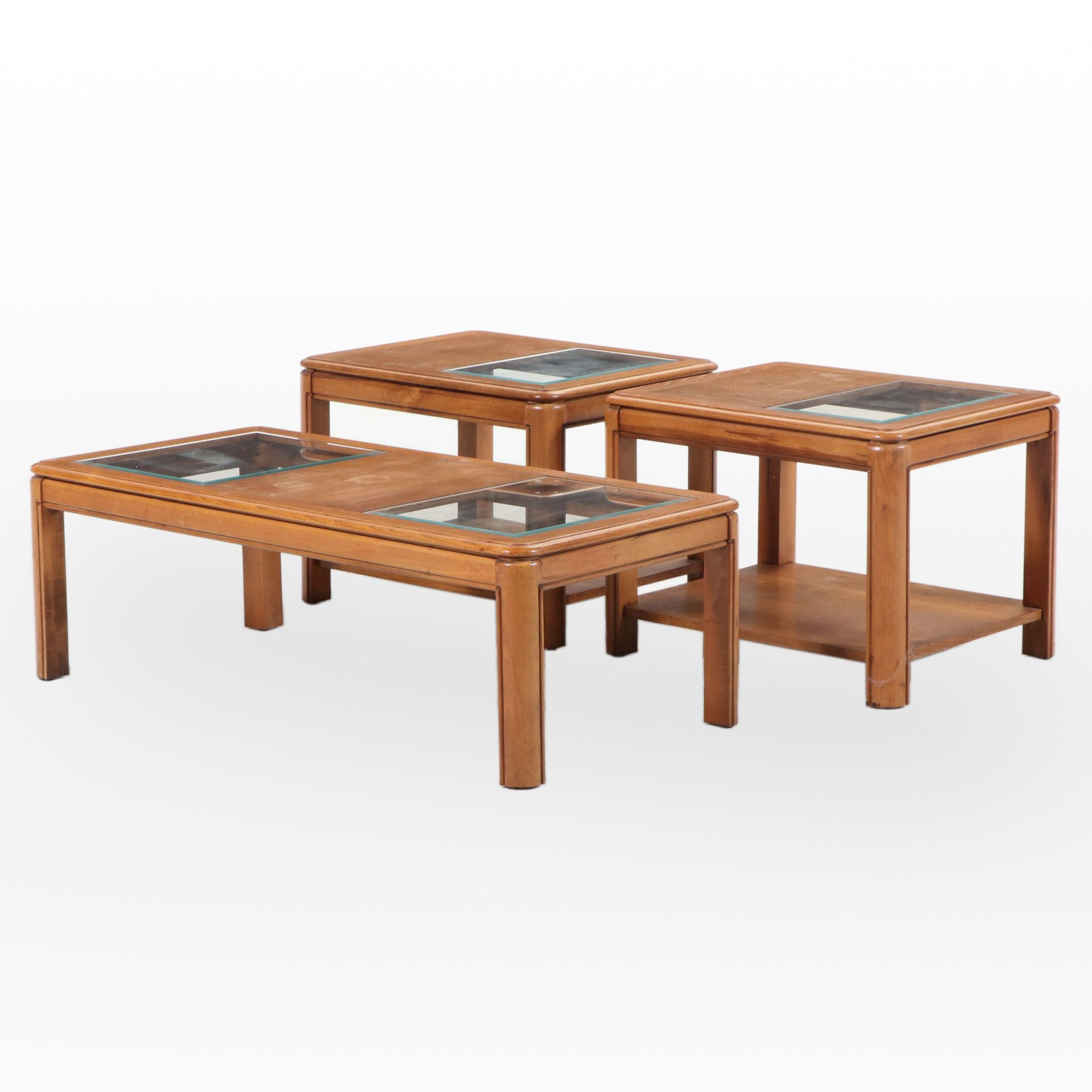 Pair of Oak and Glass Top Side Tables Plus Coffee Table, Late 20th Century