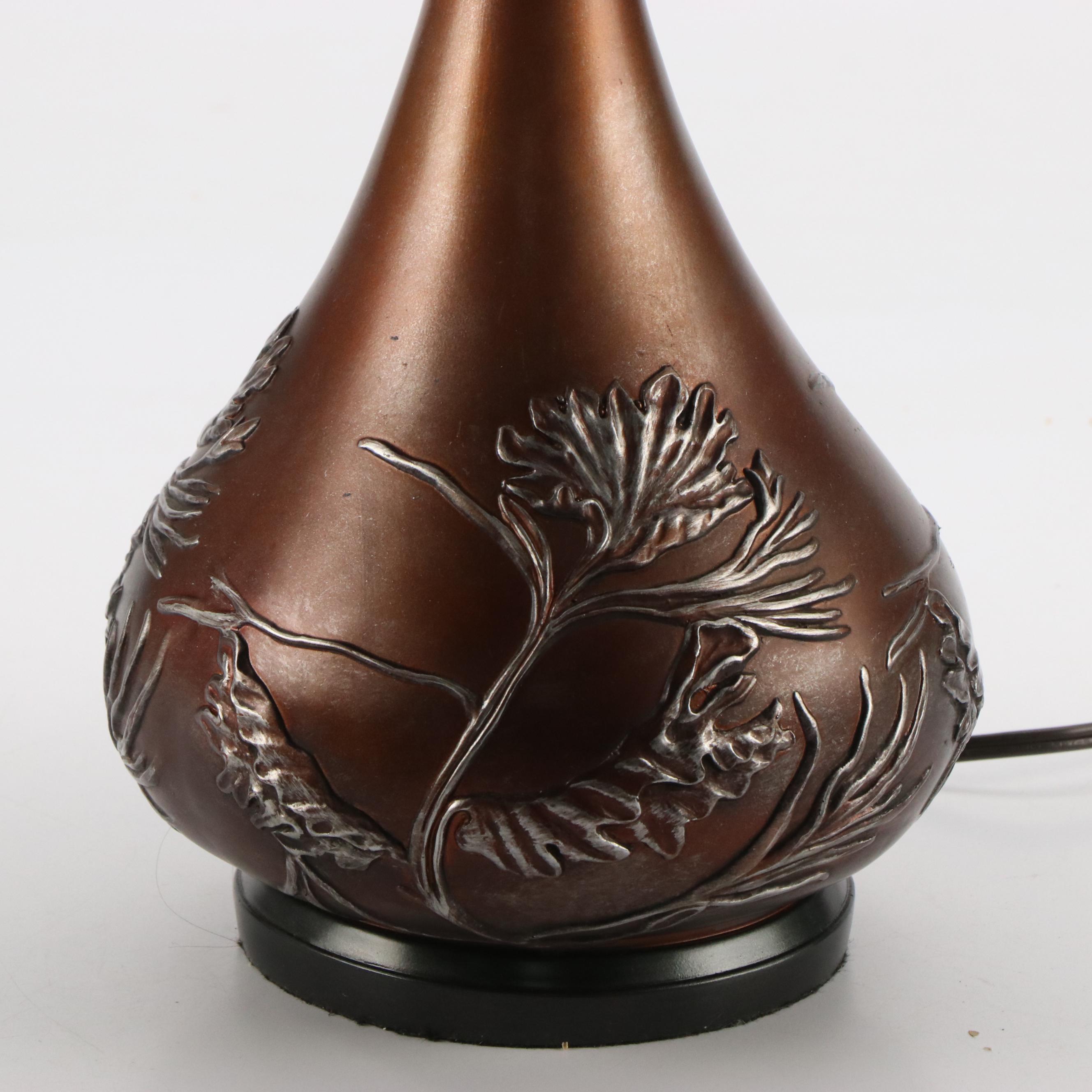 Art Nouveau Style Copper and Silver Finish Lamp With Slag Glass Shade