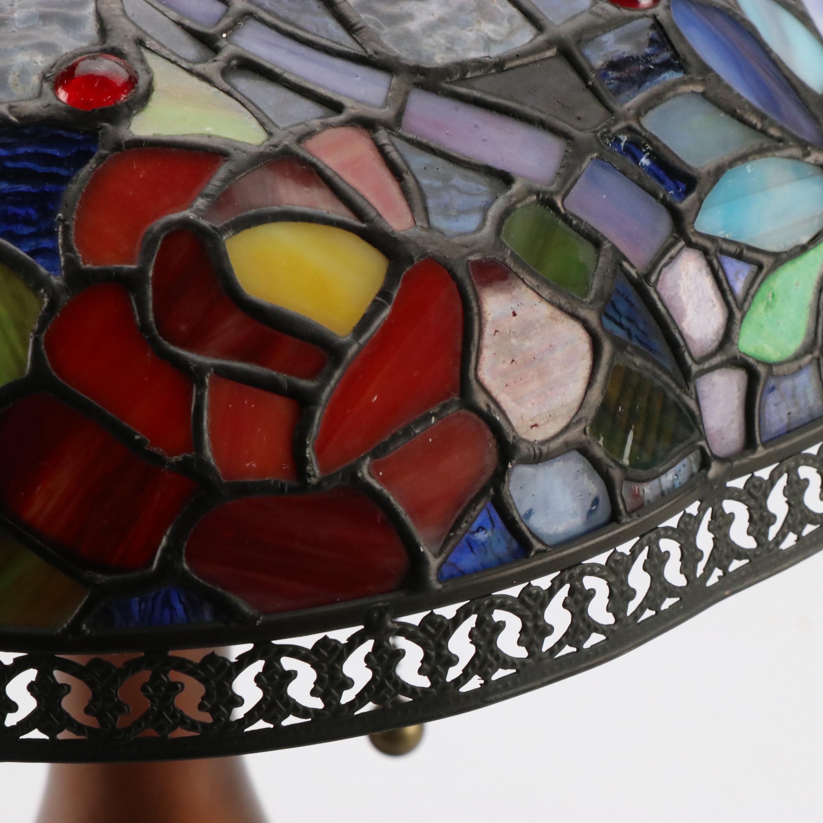 Art Nouveau Style Copper and Silver Finish Lamp With Slag Glass Shade