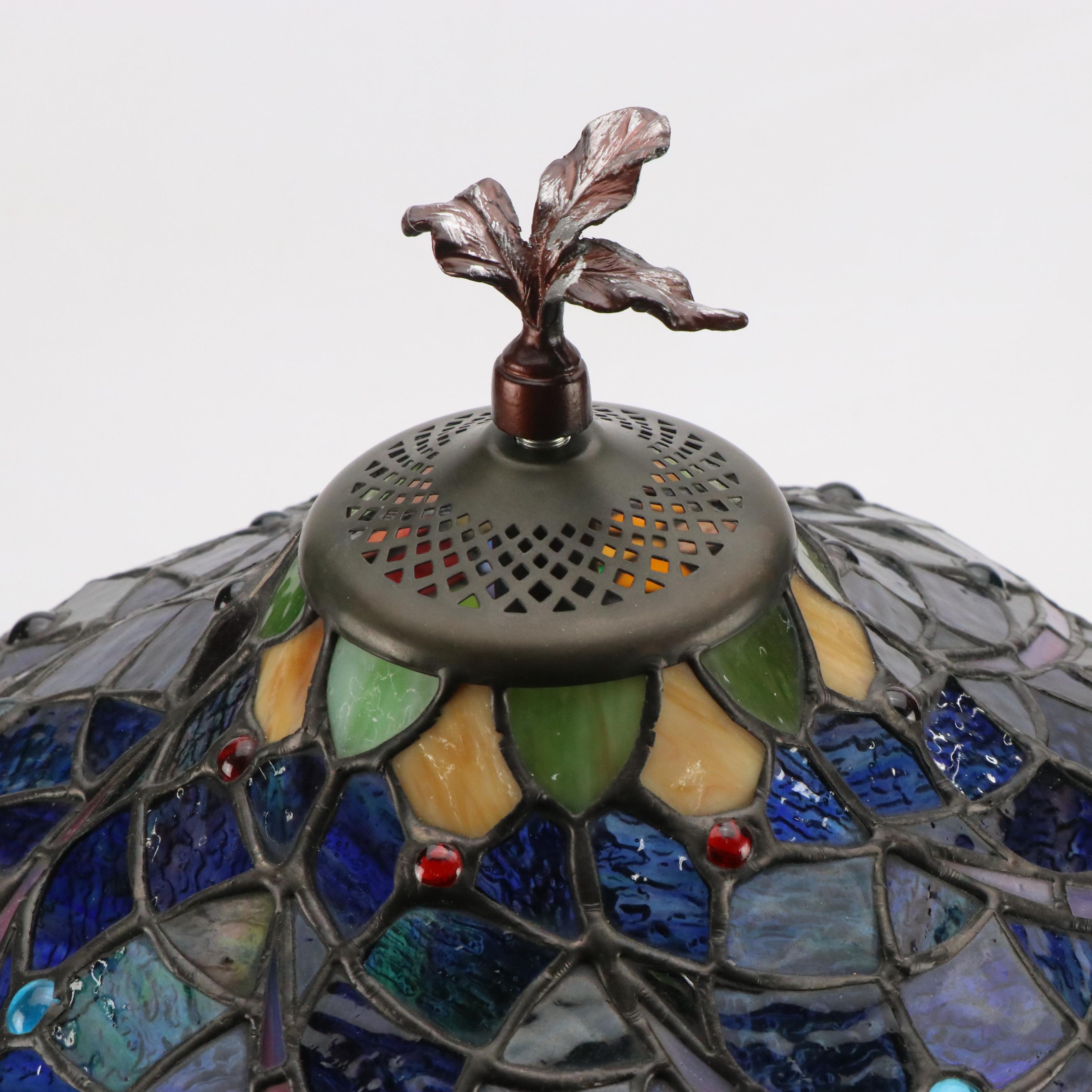 Art Nouveau Style Copper and Silver Finish Lamp With Slag Glass Shade