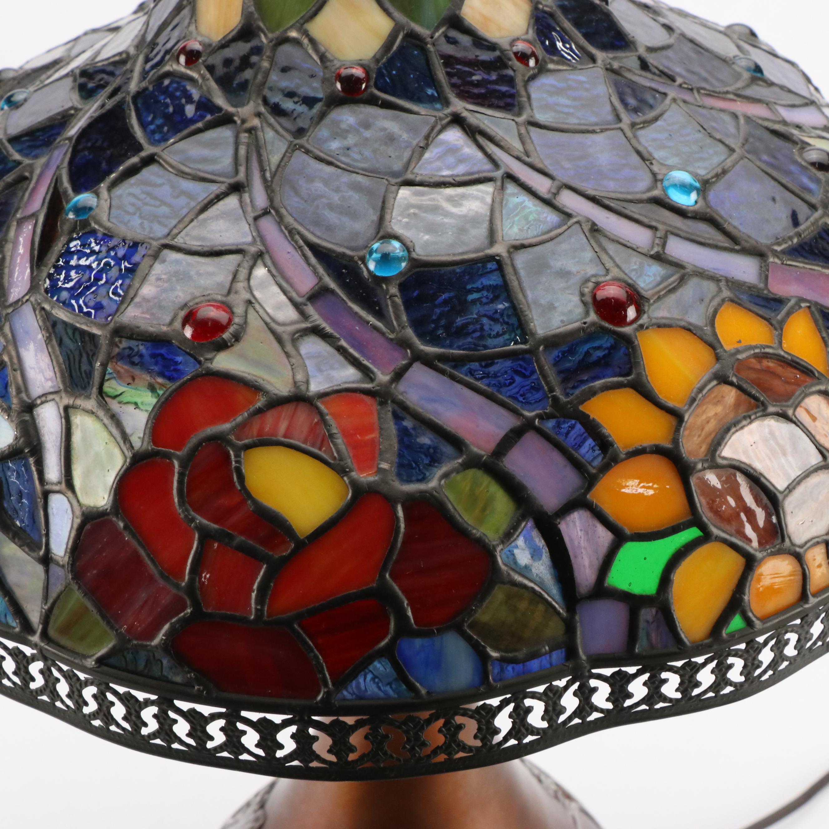 Art Nouveau Style Copper and Silver Finish Lamp With Slag Glass Shade