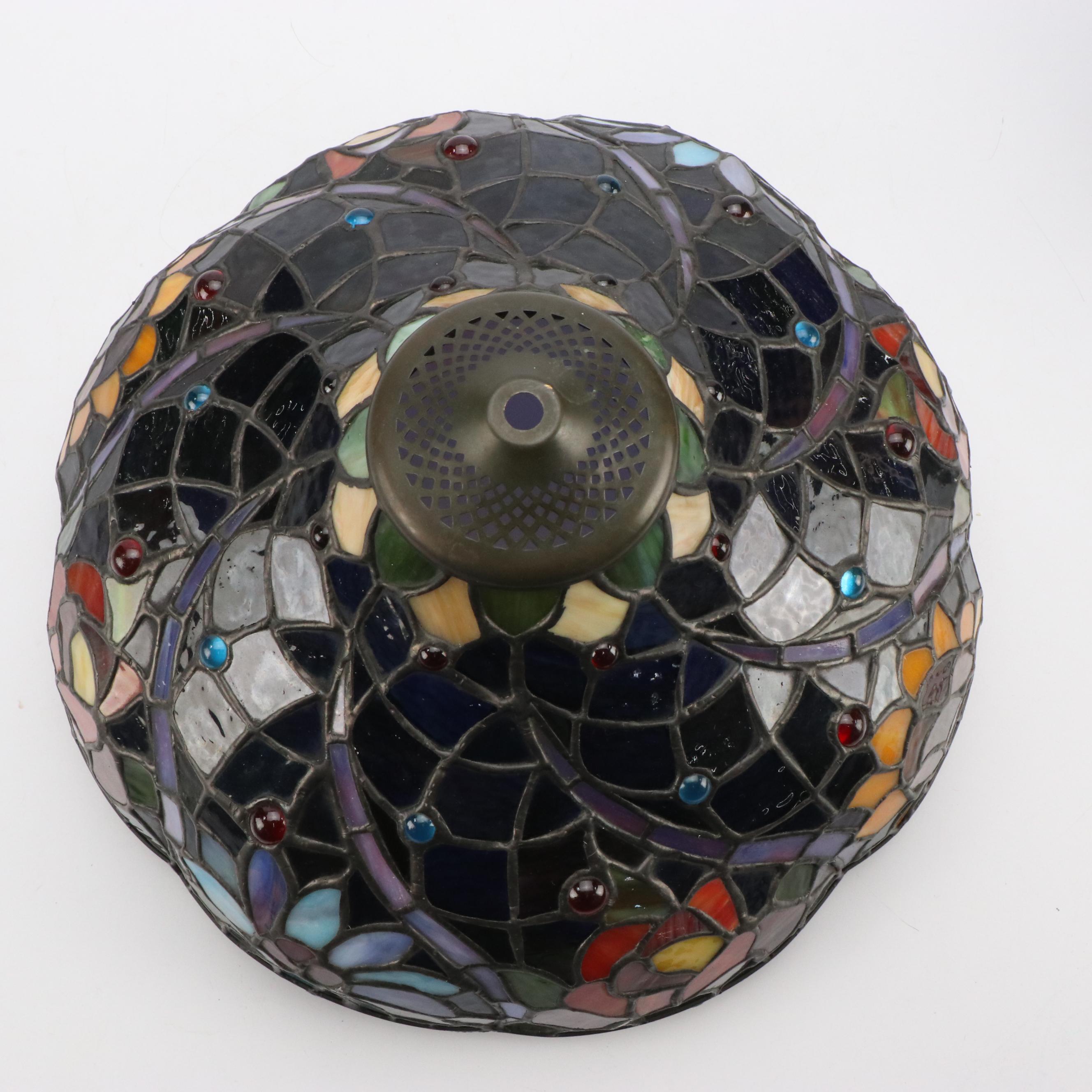 Art Nouveau Style Copper and Silver Finish Lamp With Slag Glass Shade