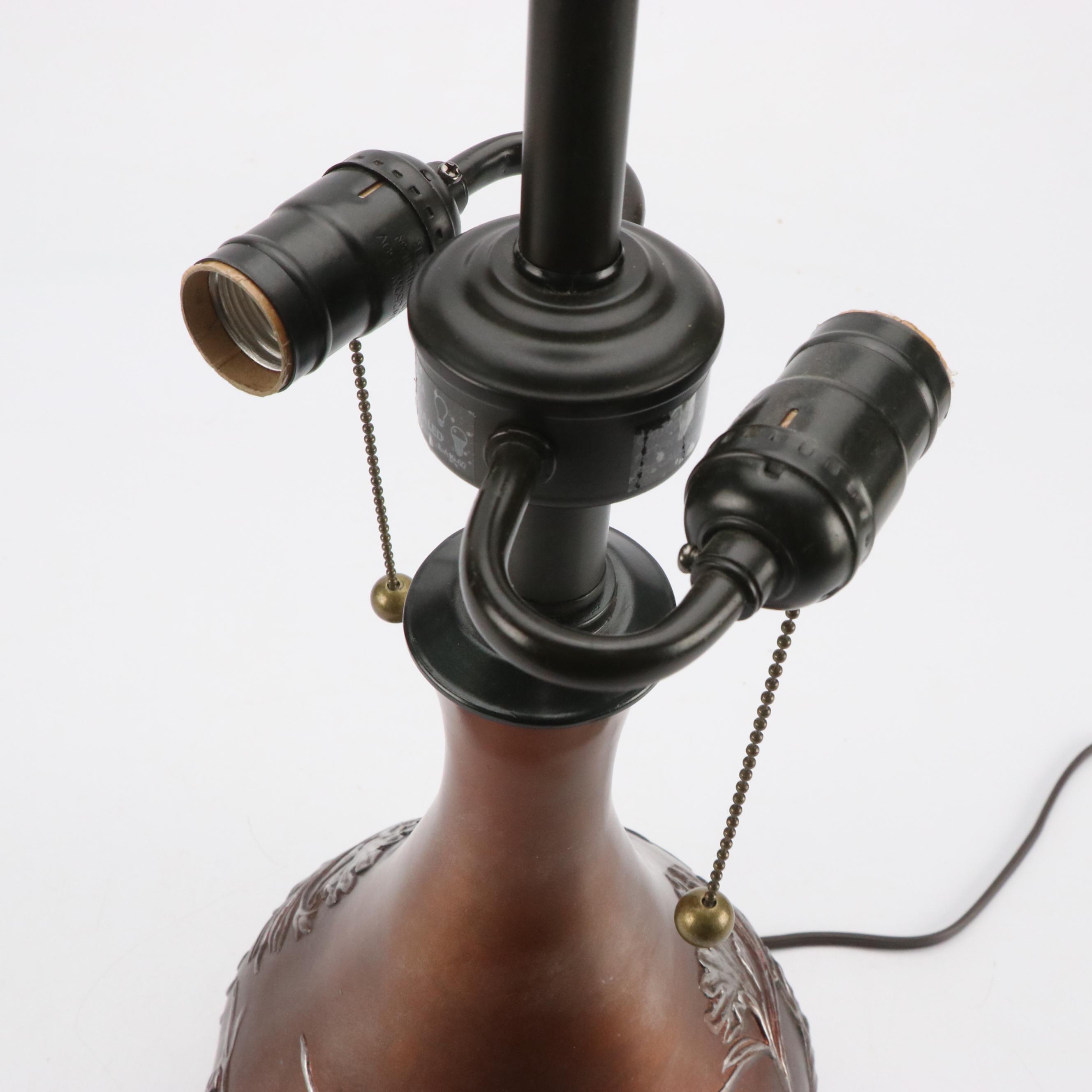 Art Nouveau Style Copper and Silver Finish Lamp With Slag Glass Shade