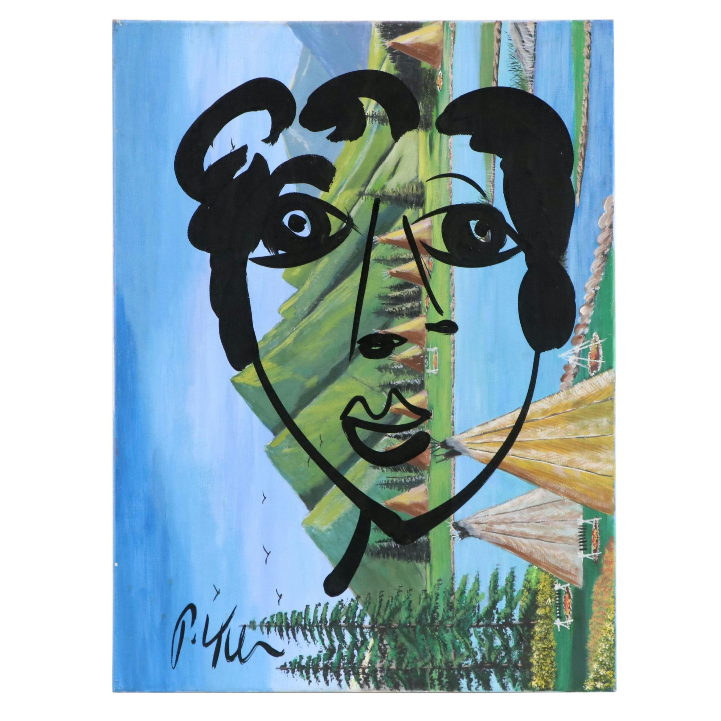 Peter Keil Acrylic Portrait on Found Landscape Canvas, 21st Century