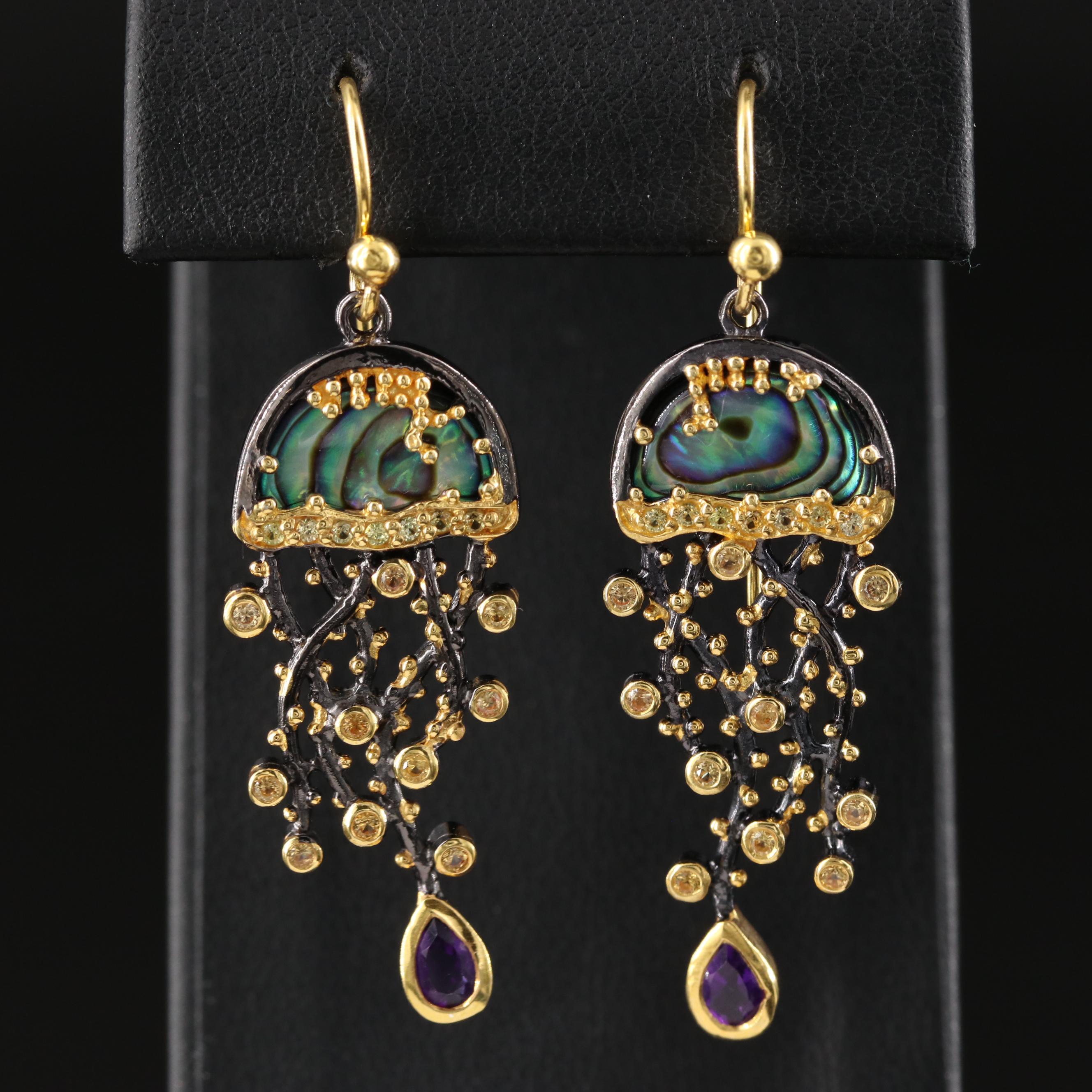 Sterling Two-Tone Abalone, Amethyst and Yellow Sapphire Jellyfish Earrings
