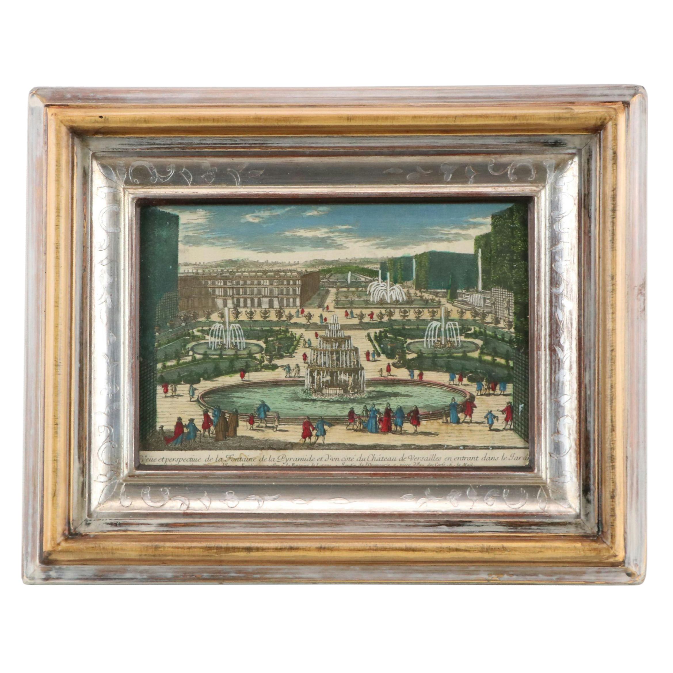 French Hand-Colored Engraving of Bird's Eye View of Fontaine de la Pyramide