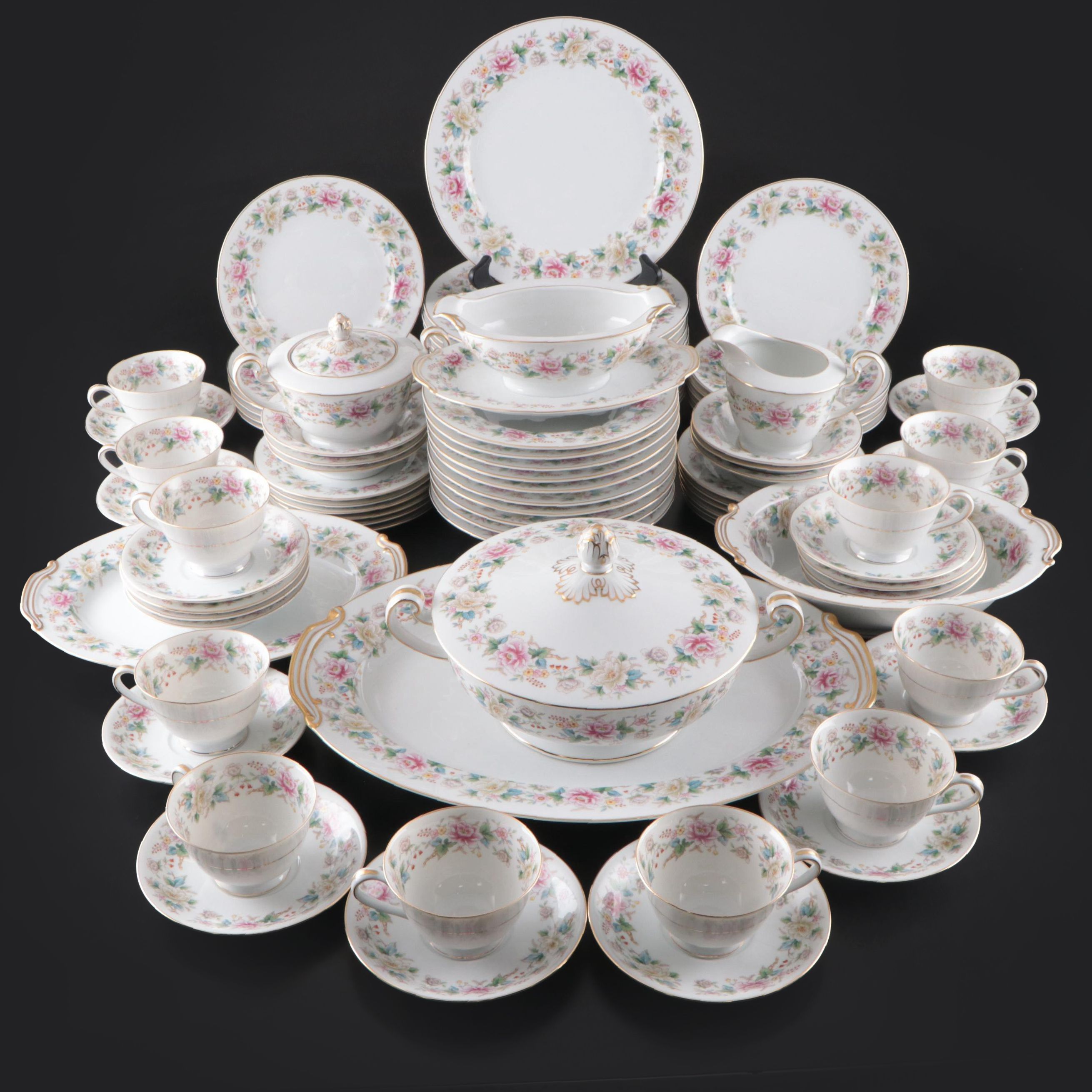 Japanese Noritake Porcelain Dinnerware with Floral Motif