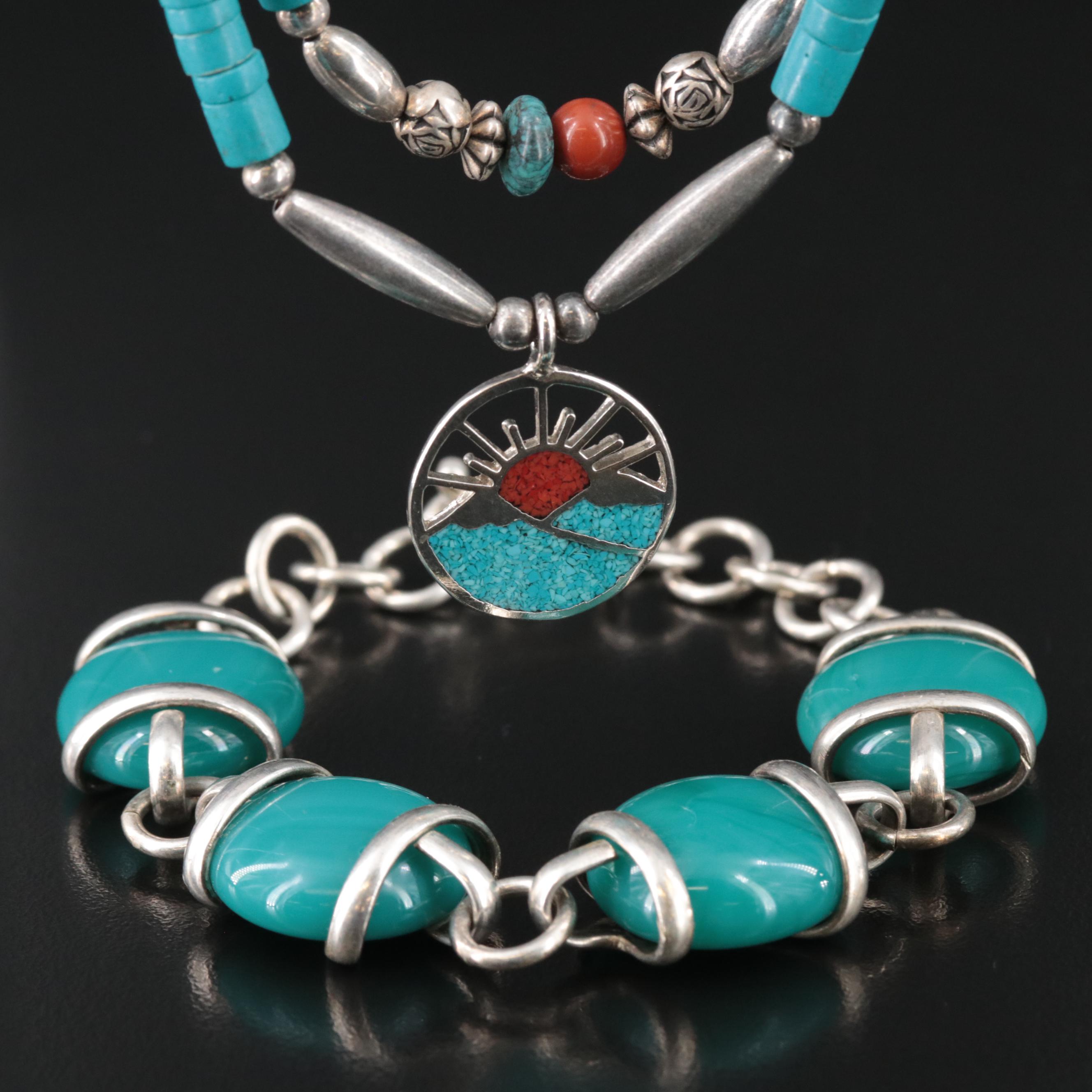Southwestern Faux Turquoise and Faux Coral Bracelet and Necklace