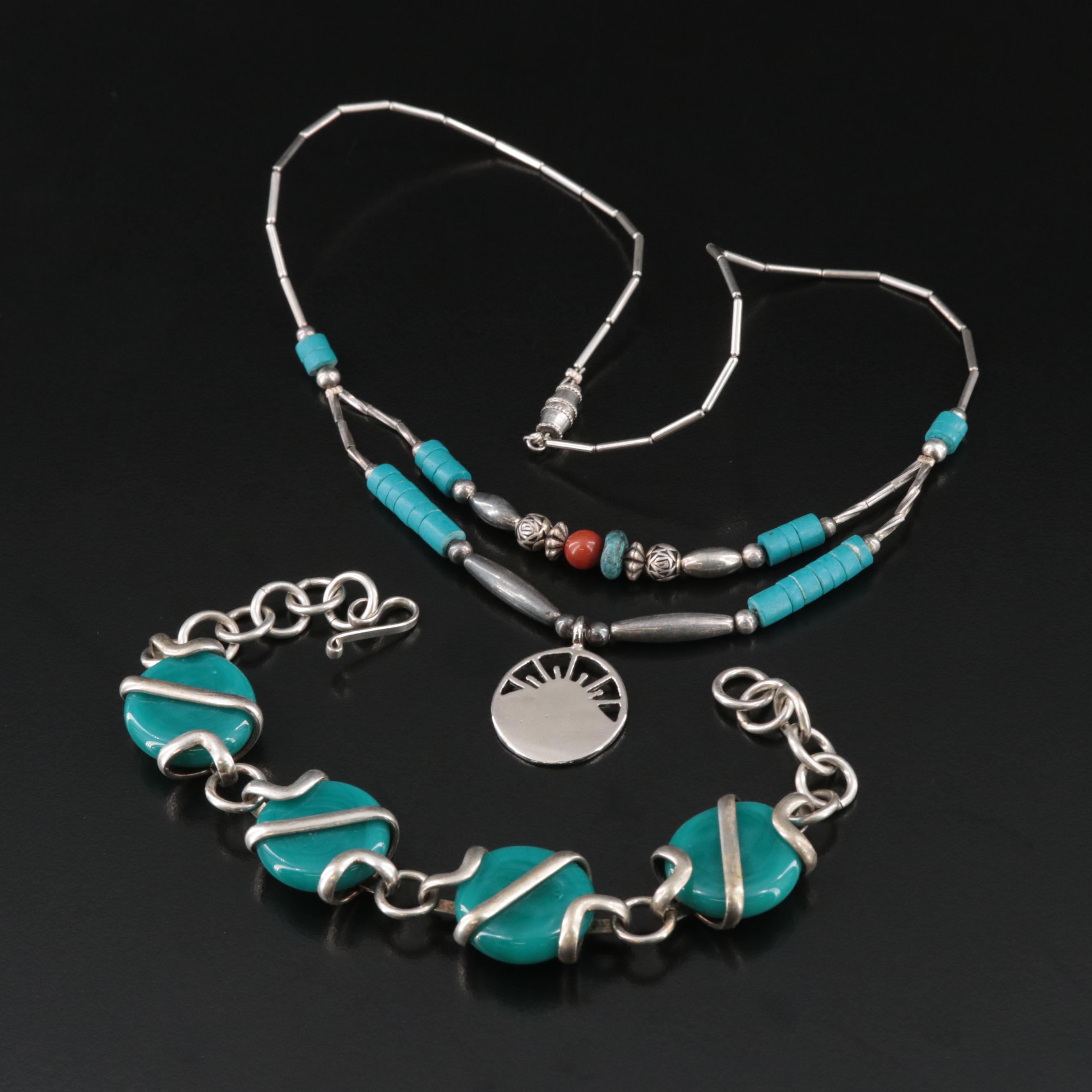 Southwestern Faux Turquoise and Faux Coral Bracelet and Necklace