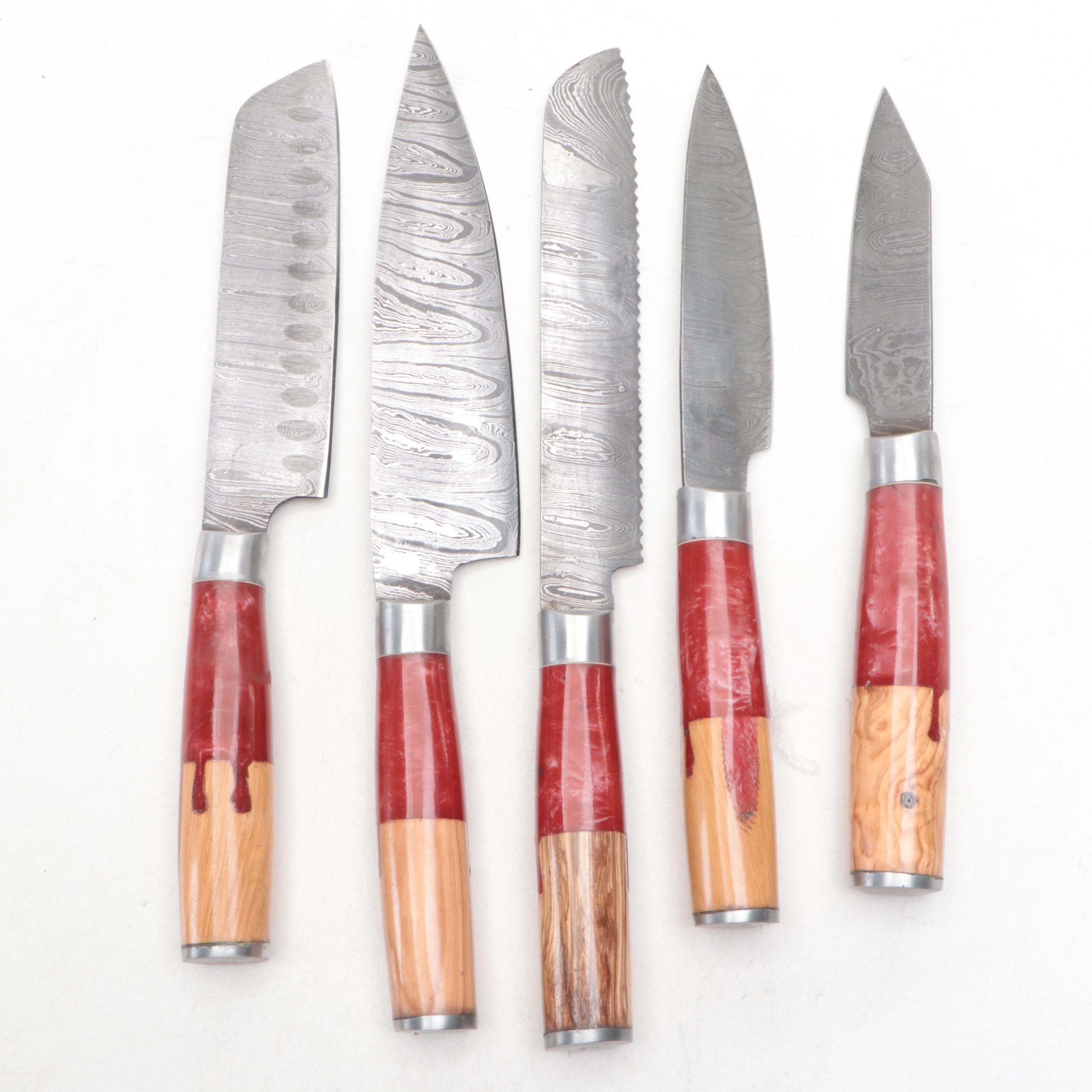 Damascus Steel Chef's Knife Set with Resin and Wood Handles