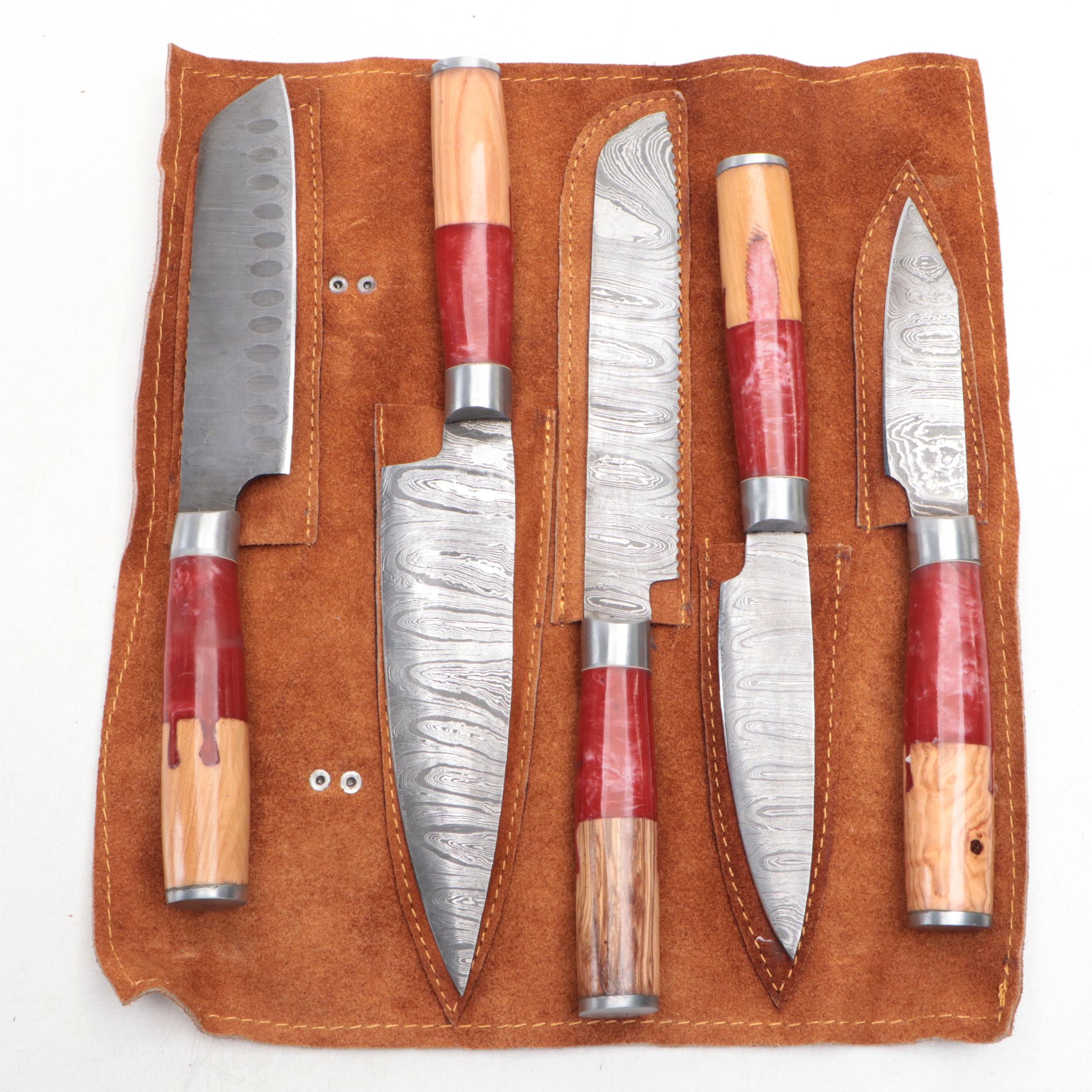 Damascus Steel Chef's Knife Set with Resin and Wood Handles