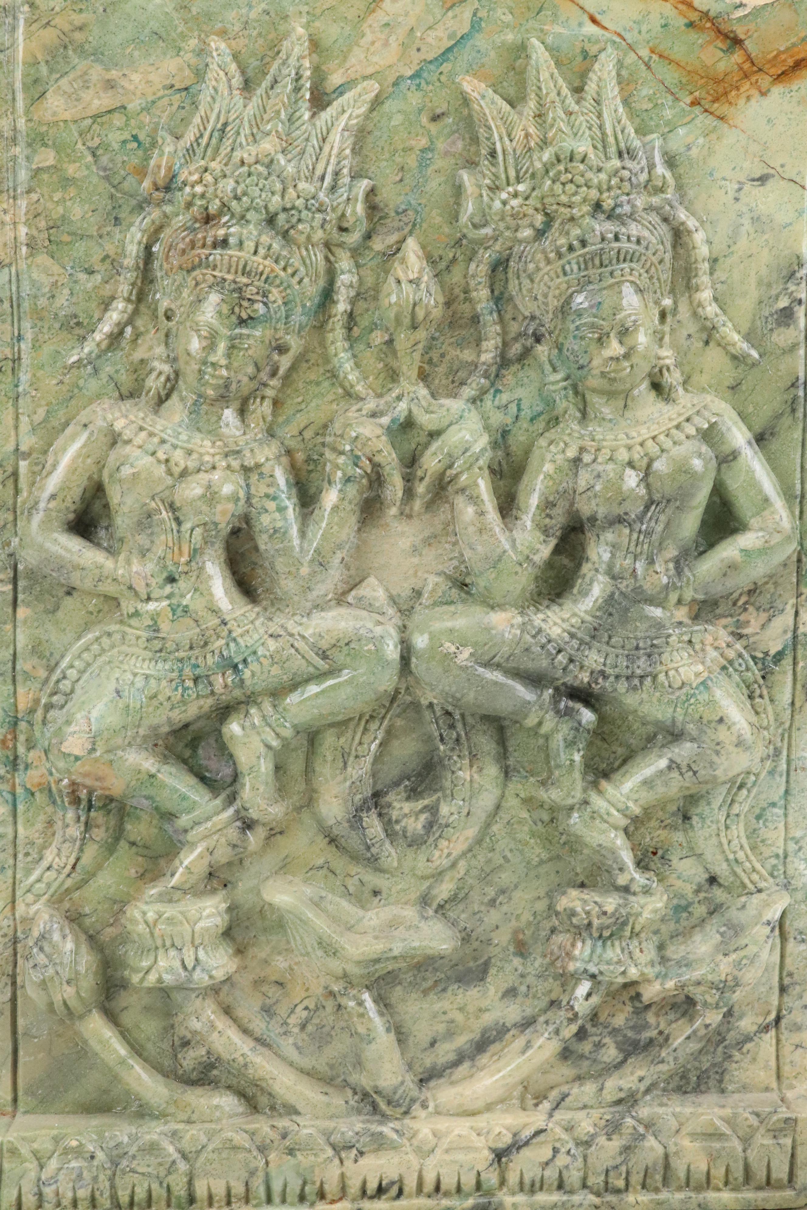 Bas-Relief Calcite Tablet of Apsara Dancers, 20th Century