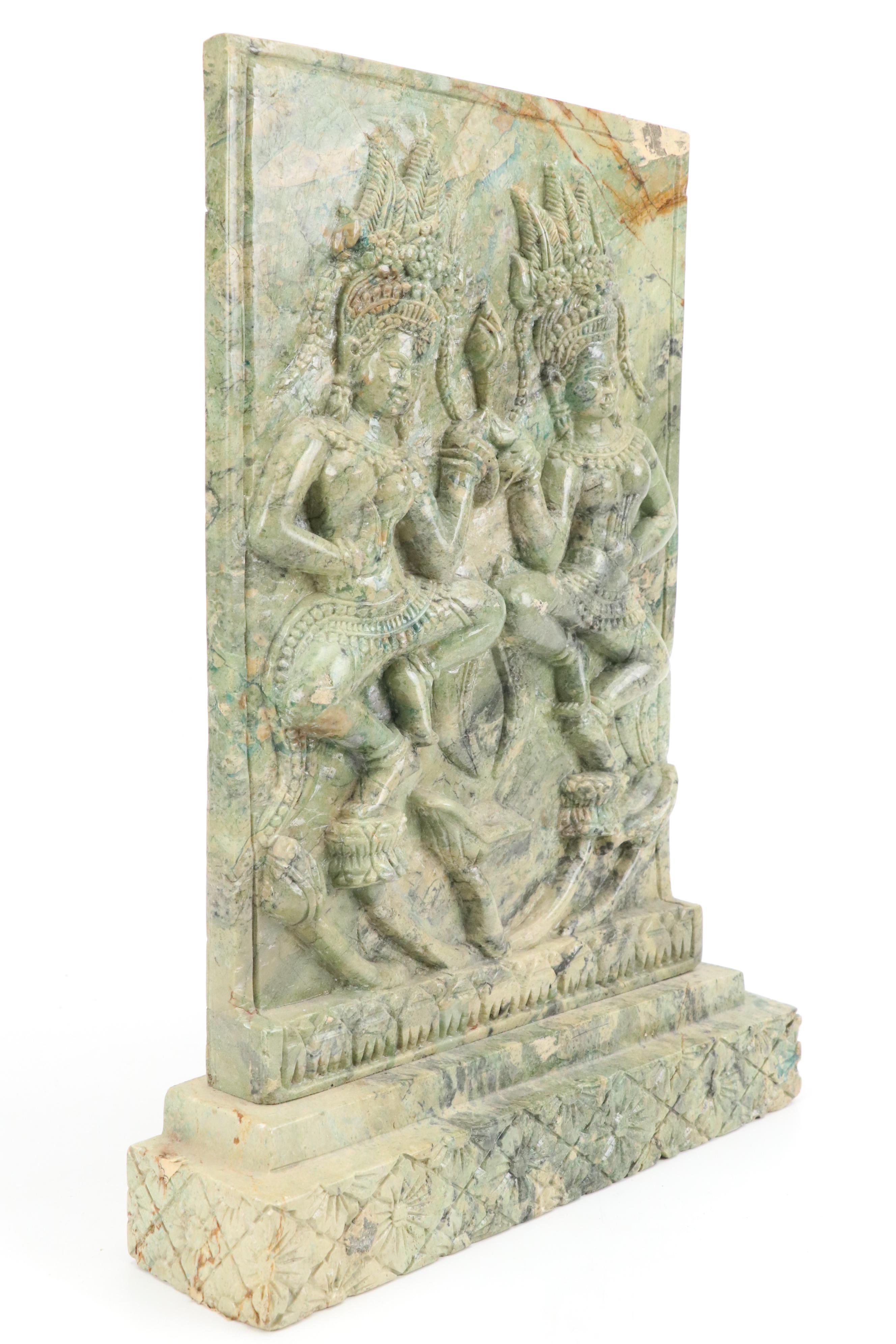 Bas-Relief Calcite Tablet of Apsara Dancers, 20th Century