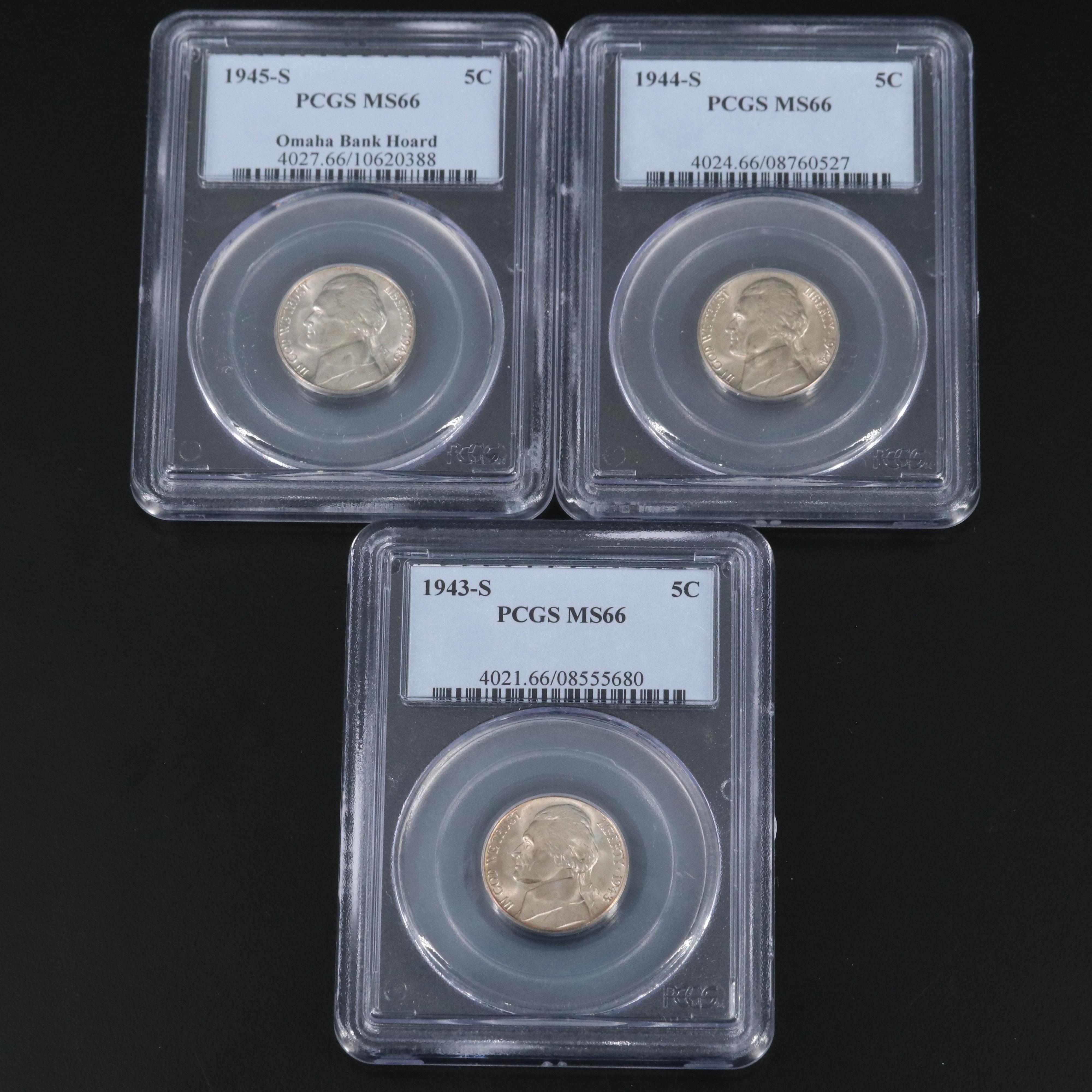Three PCGS MS66 Silver war nickels 1943-S, 1944-S, and 1945-S