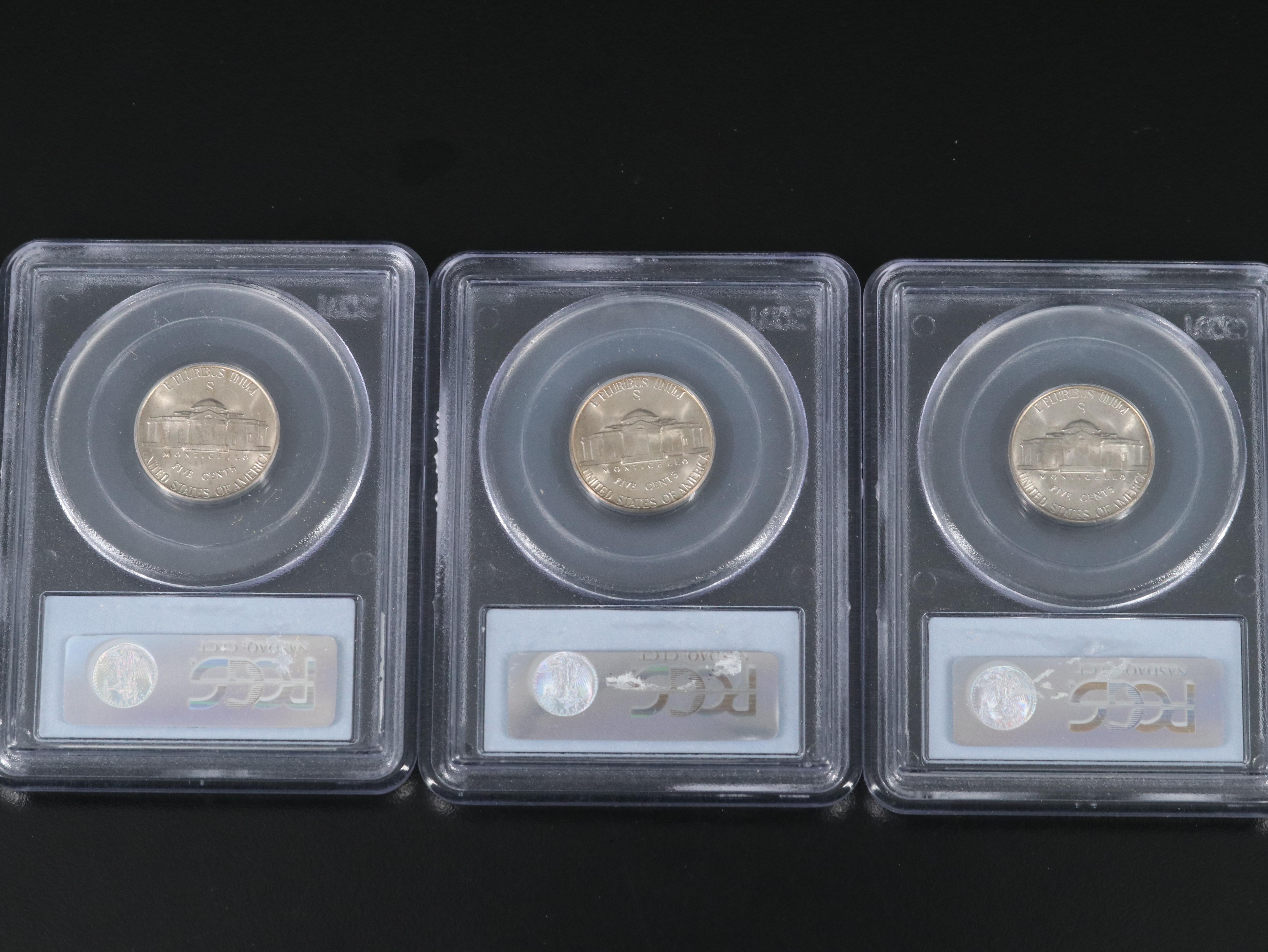 Three PCGS MS66 Silver war nickels 1943-S, 1944-S, and 1945-S