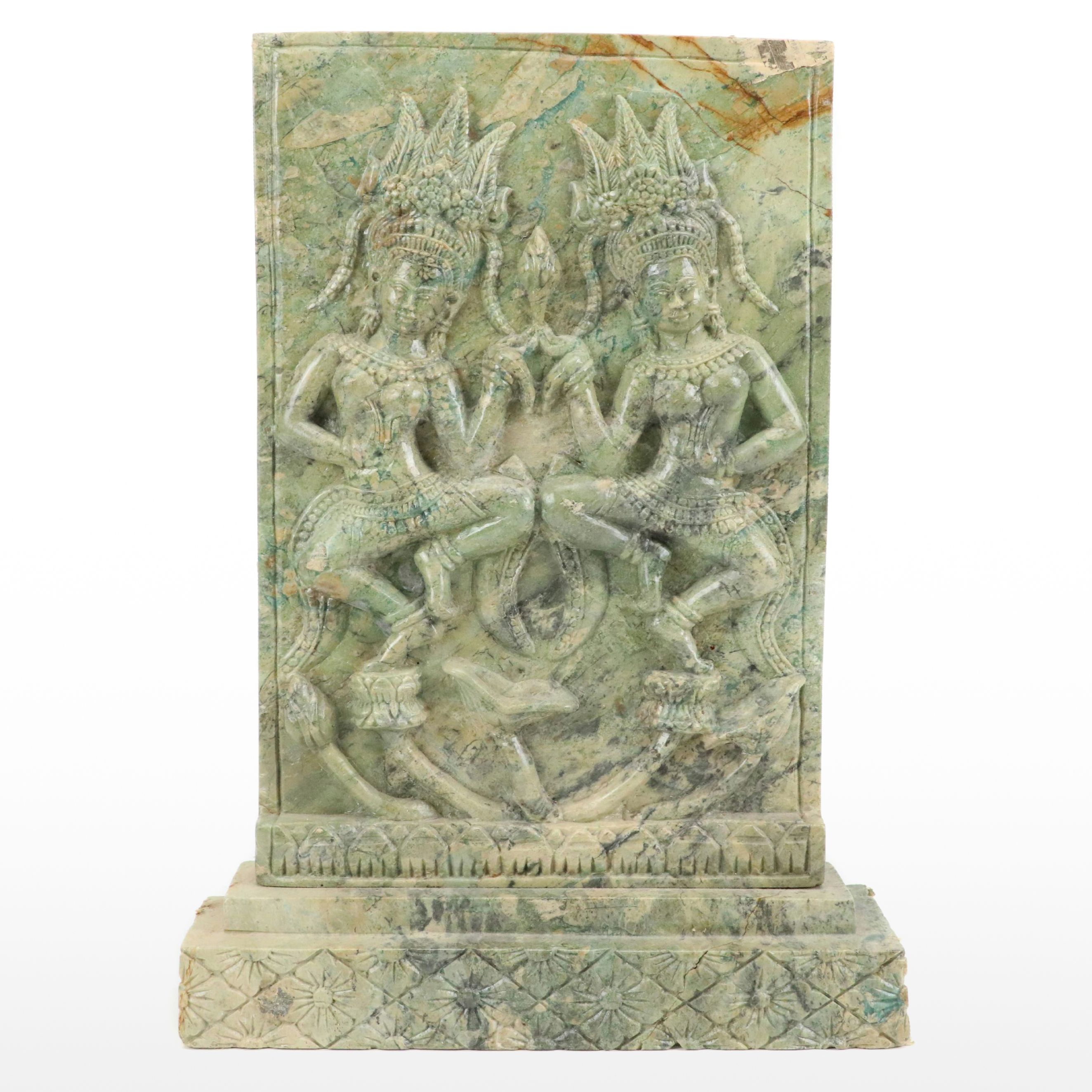 Bas-Relief Calcite Tablet of Apsara Dancers, 20th Century