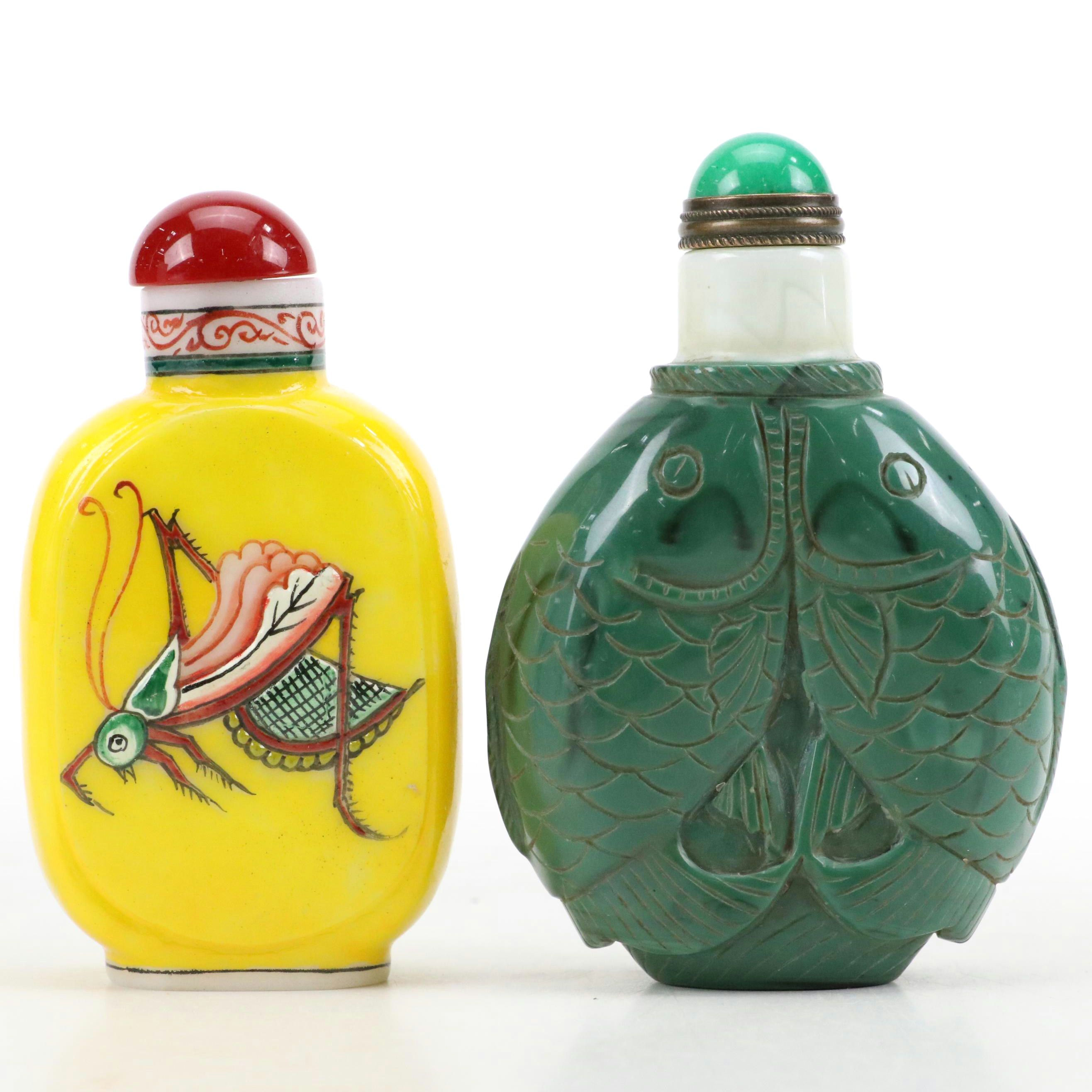 Glass Snuff Bottle with Cricket Motif and Carved Koi Fish Resin Snuff Bottle