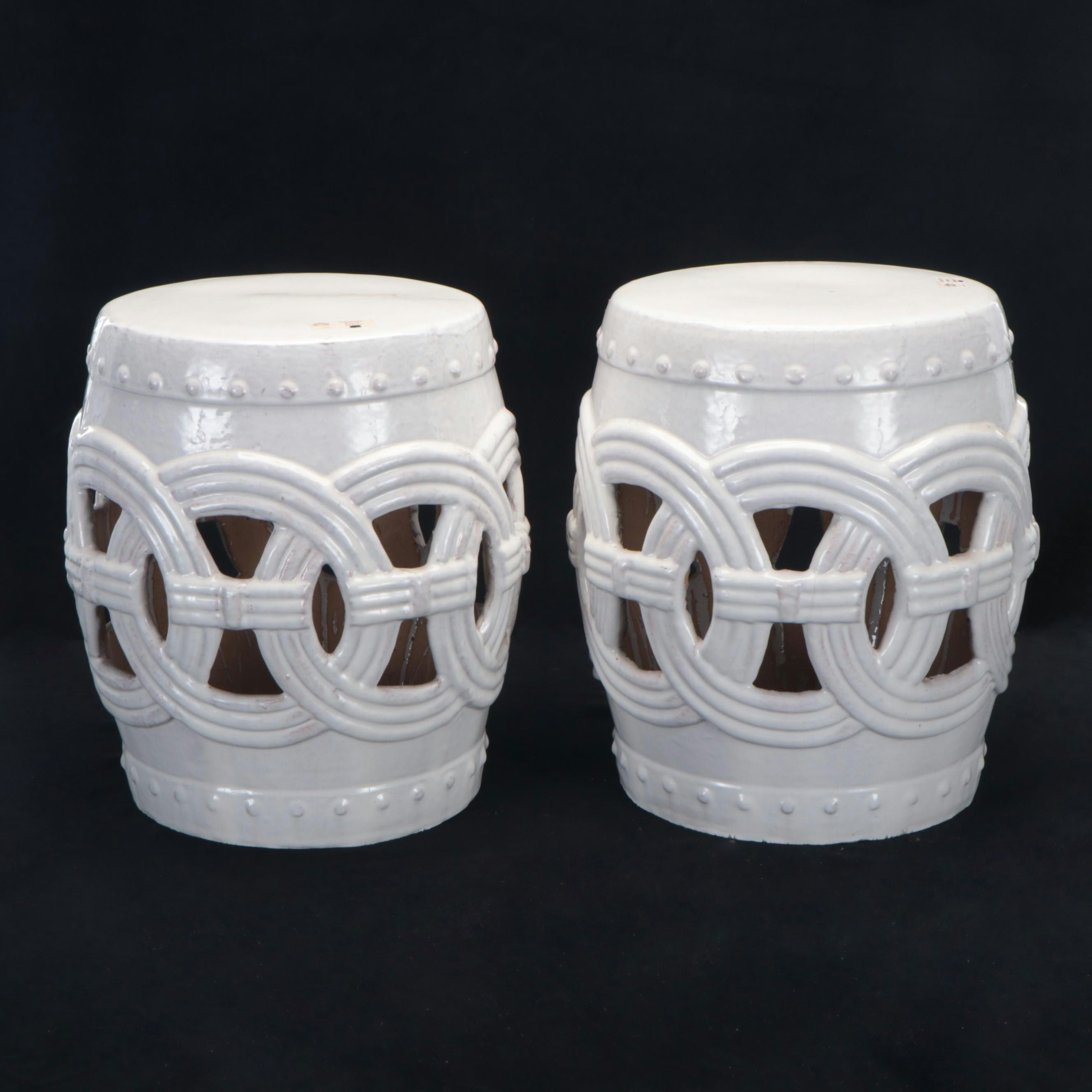 Openwork Woven Ring Glazed Ceramic Patio Plant Stands in White, Matched Pair