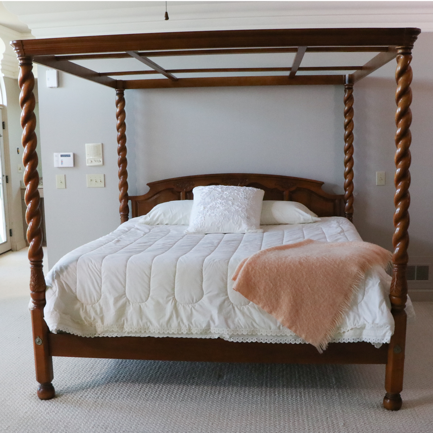 Carved Wood Barley Twist King Size Canopy Bed