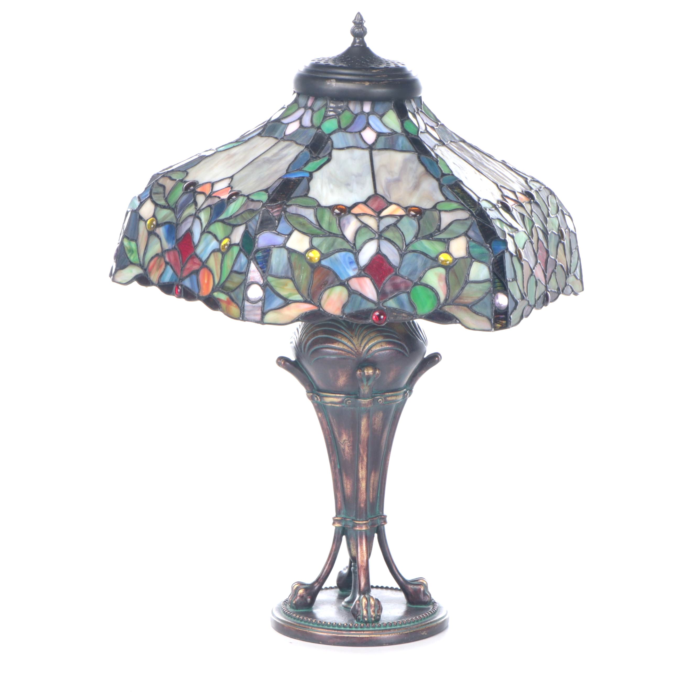 Iridescent Verdigris Finish Resin Table Lamp with Slag Glass Shade, 2006