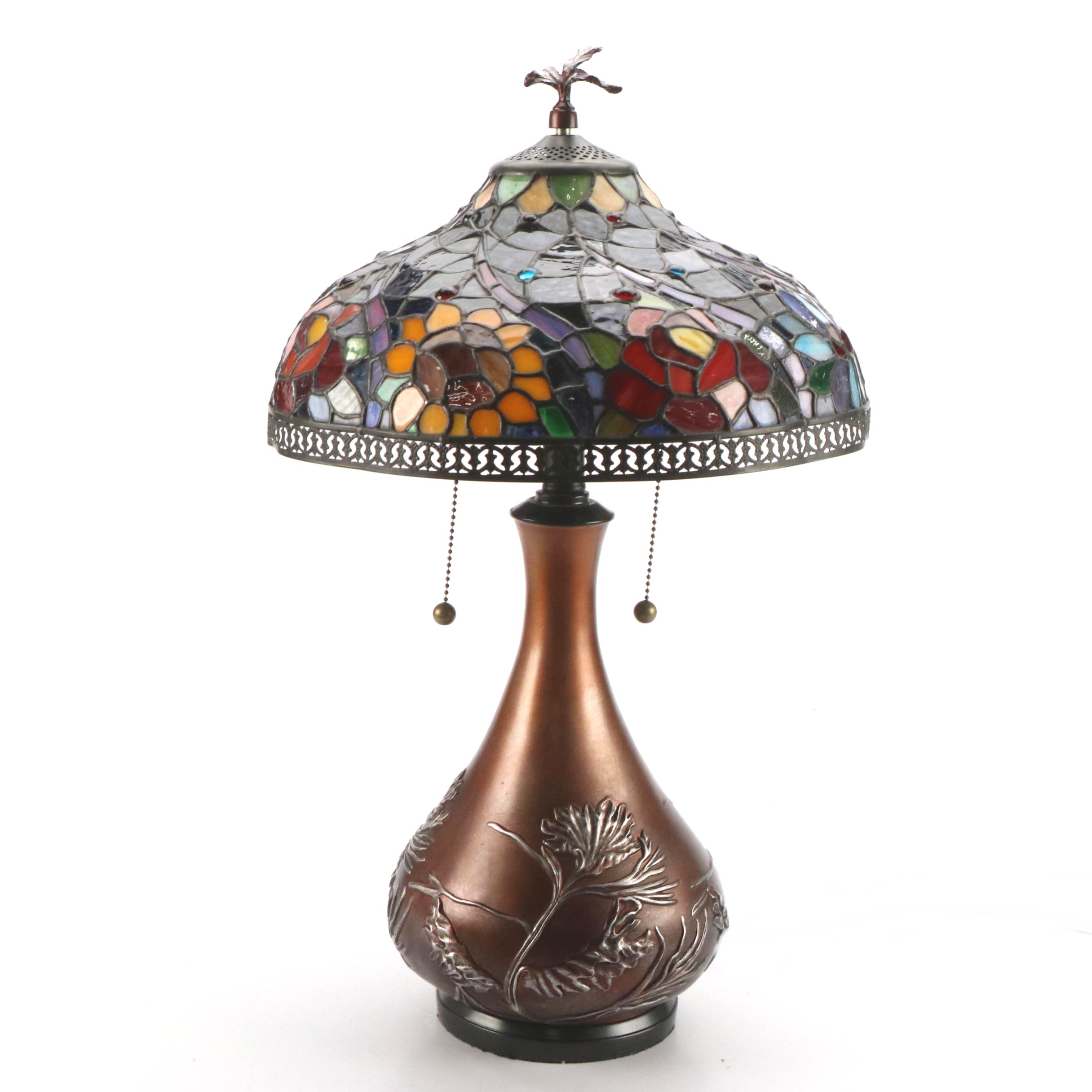 Art Nouveau Style Copper and Silver Finish Lamp With Slag Glass Shade
