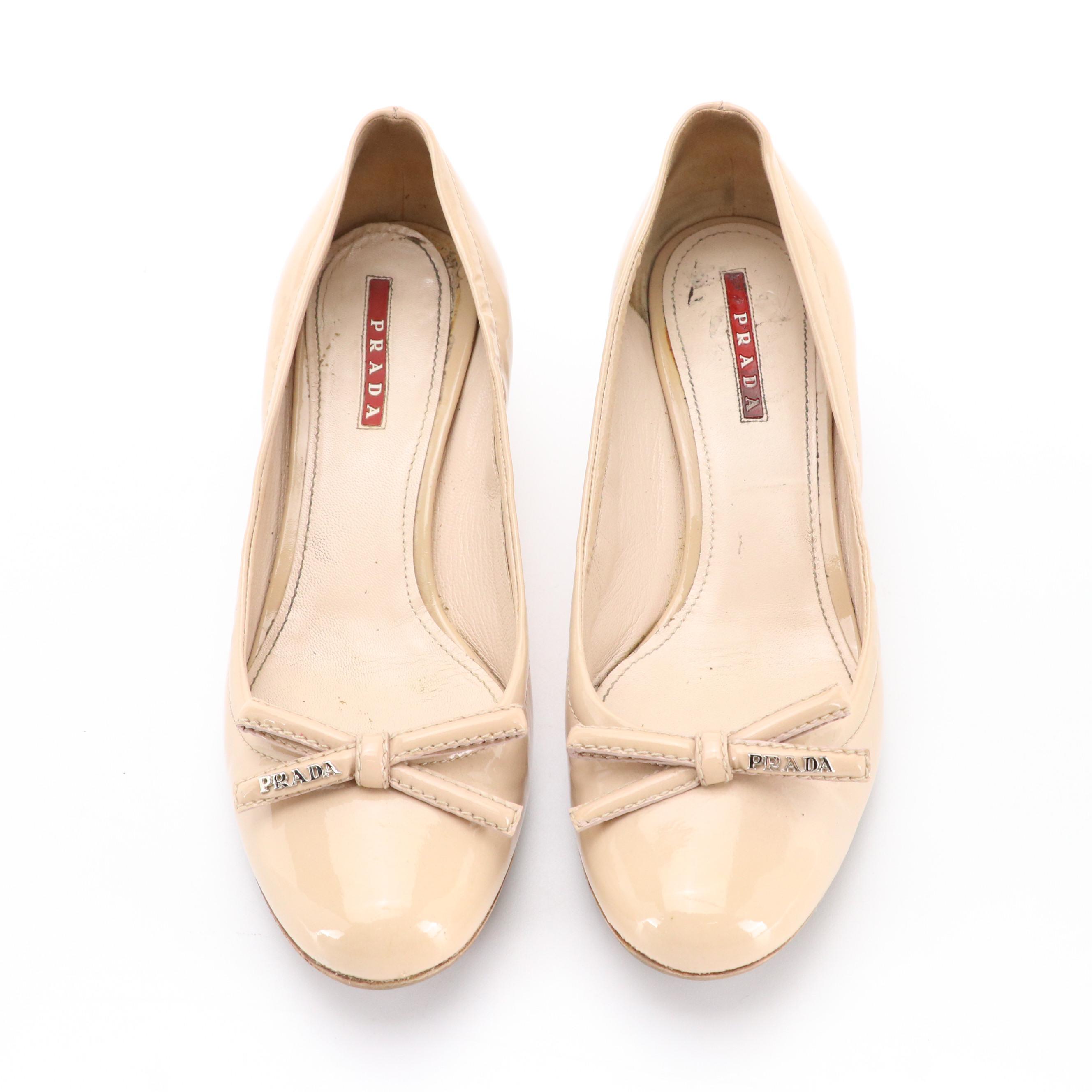 Prada Bow Accent Kitten Heels in Beige Patent Leather with Box