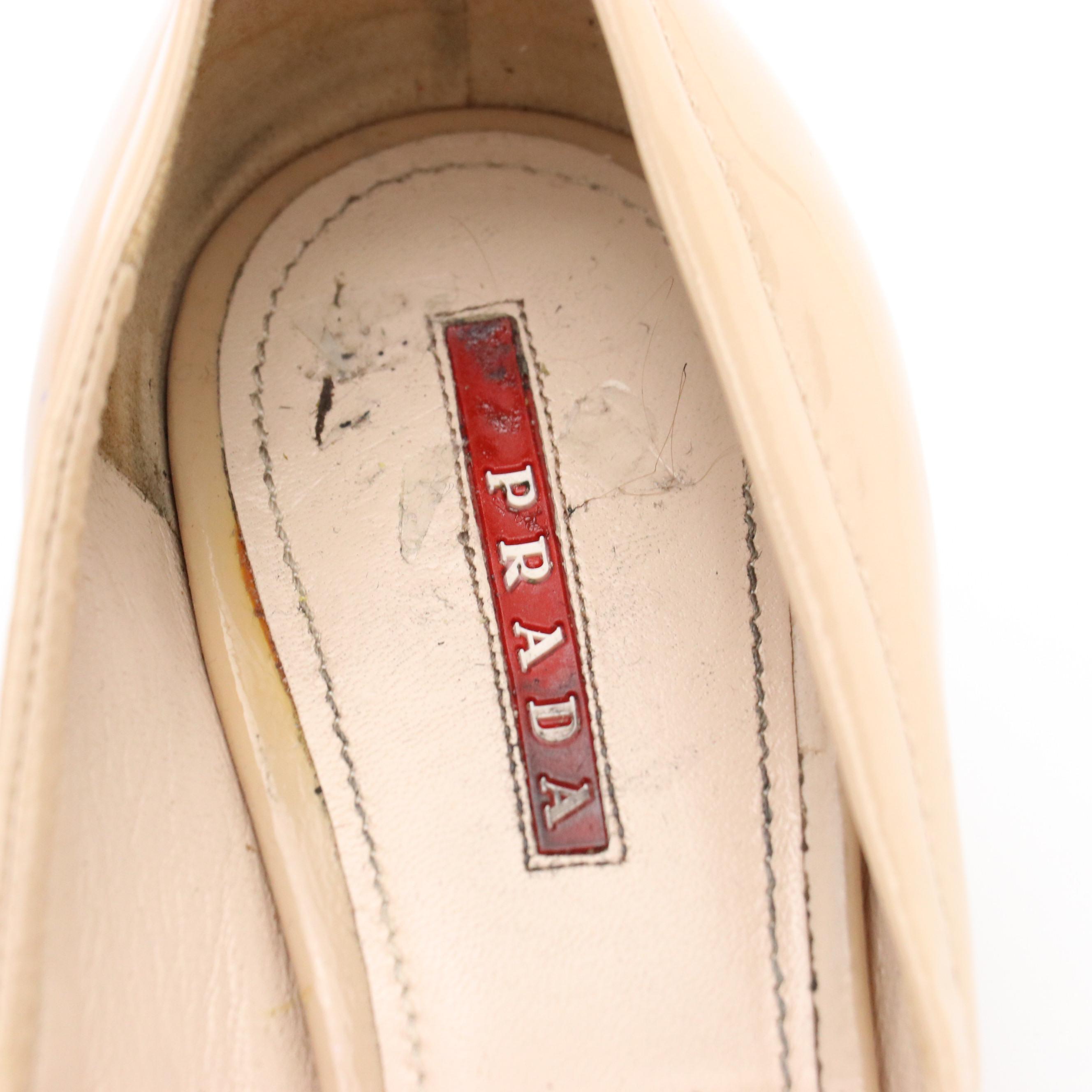 Prada Bow Accent Kitten Heels in Beige Patent Leather with Box