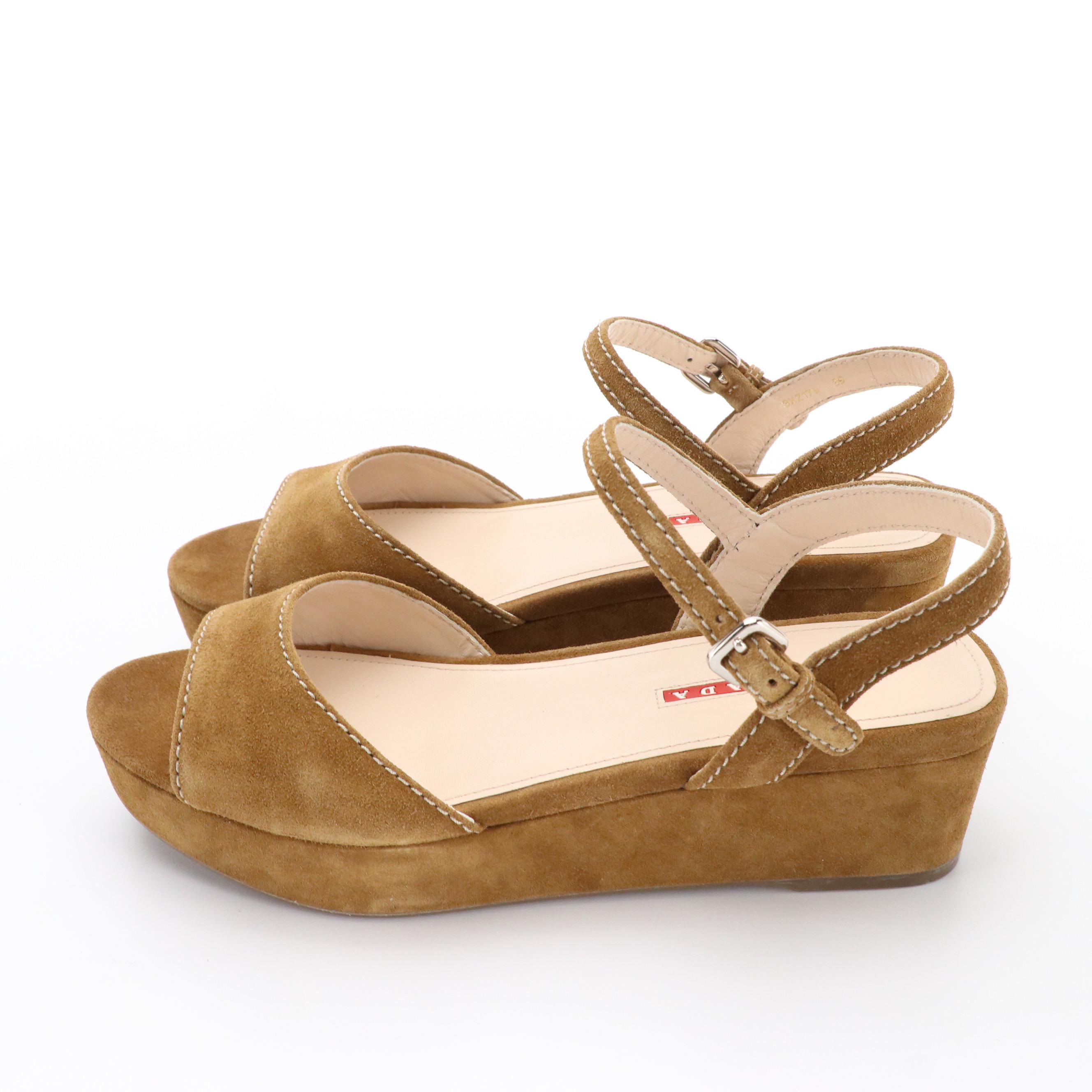 Prada Platform Sandals in Brown Suede with Box