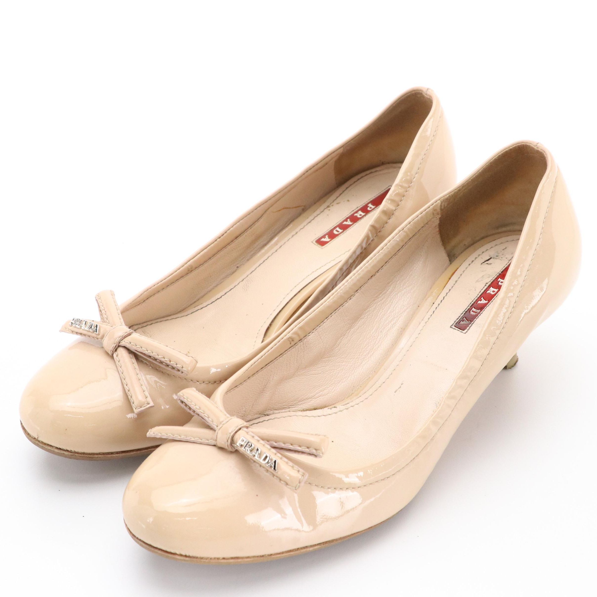 Prada Bow Accent Kitten Heels in Beige Patent Leather with Box