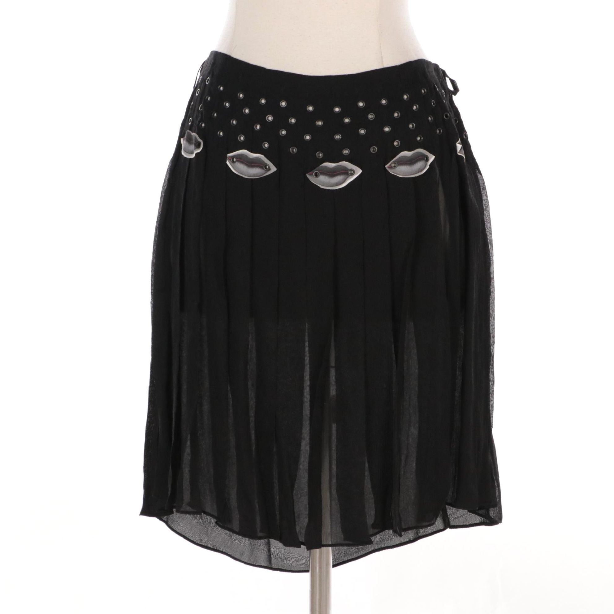 Prada Flare Skirt with Grommets and Lips in Black Sheer Silk, New With Tags