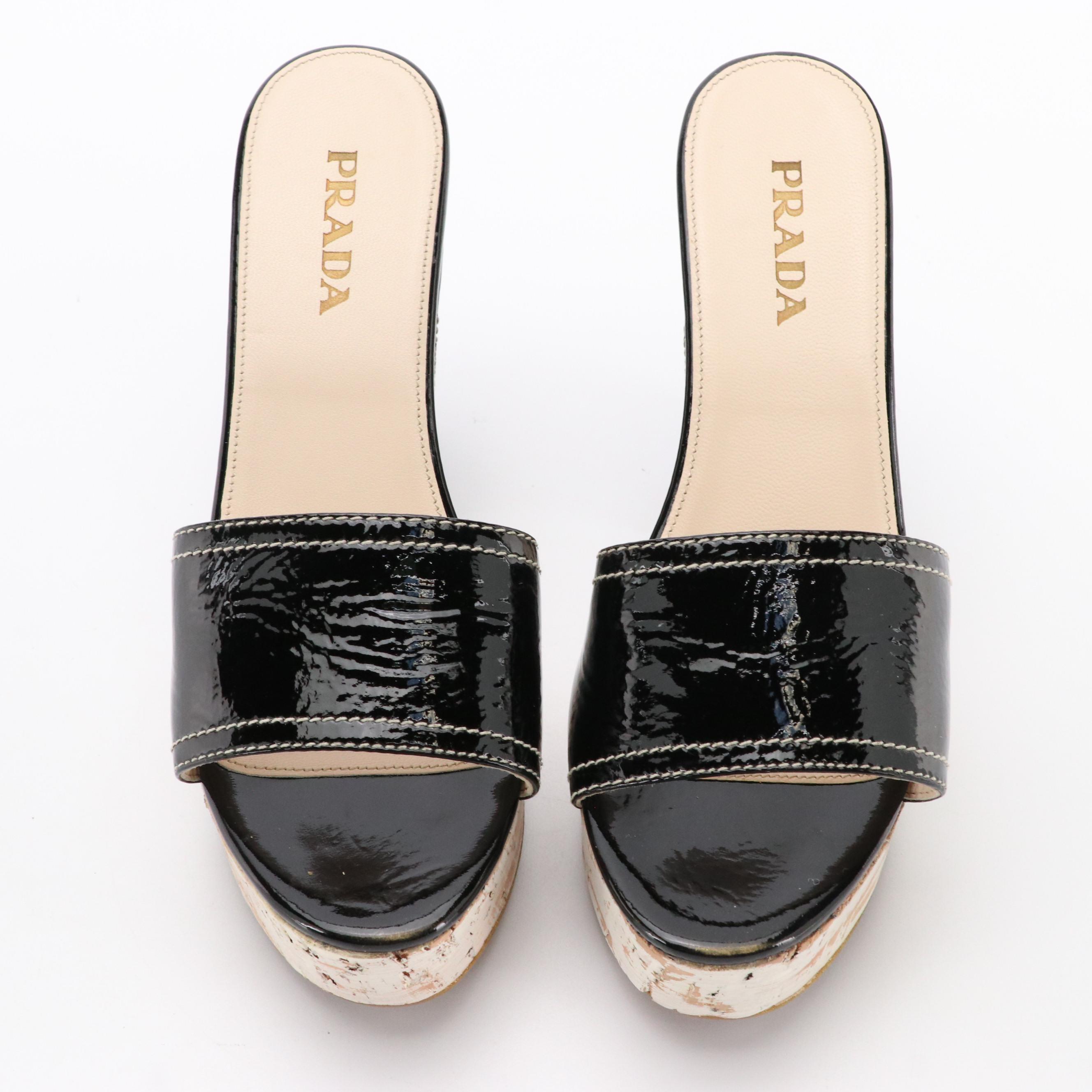 Prada Platform Heels in Patent Leather and Cork with Box