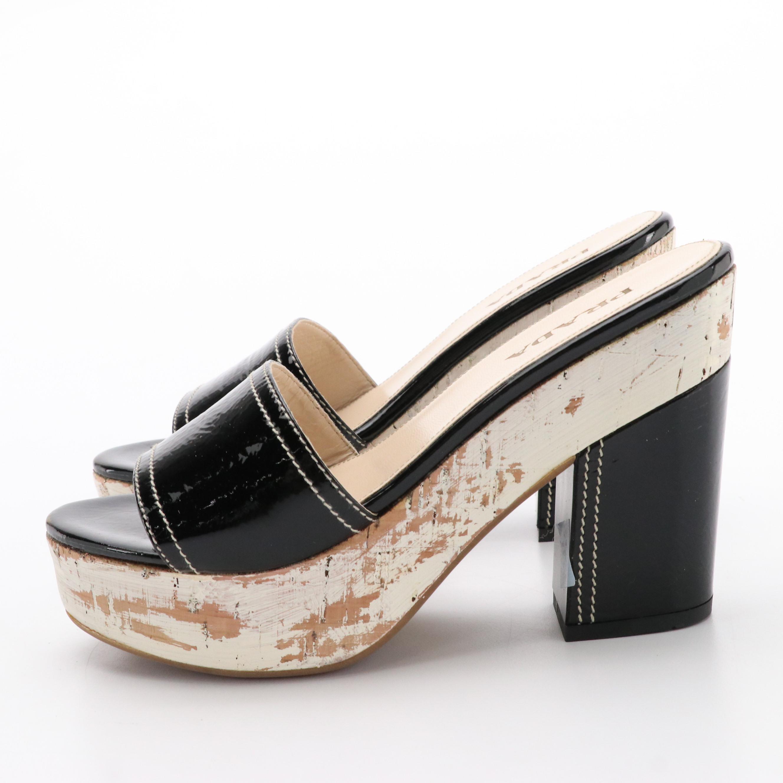Prada Platform Heels in Patent Leather and Cork with Box