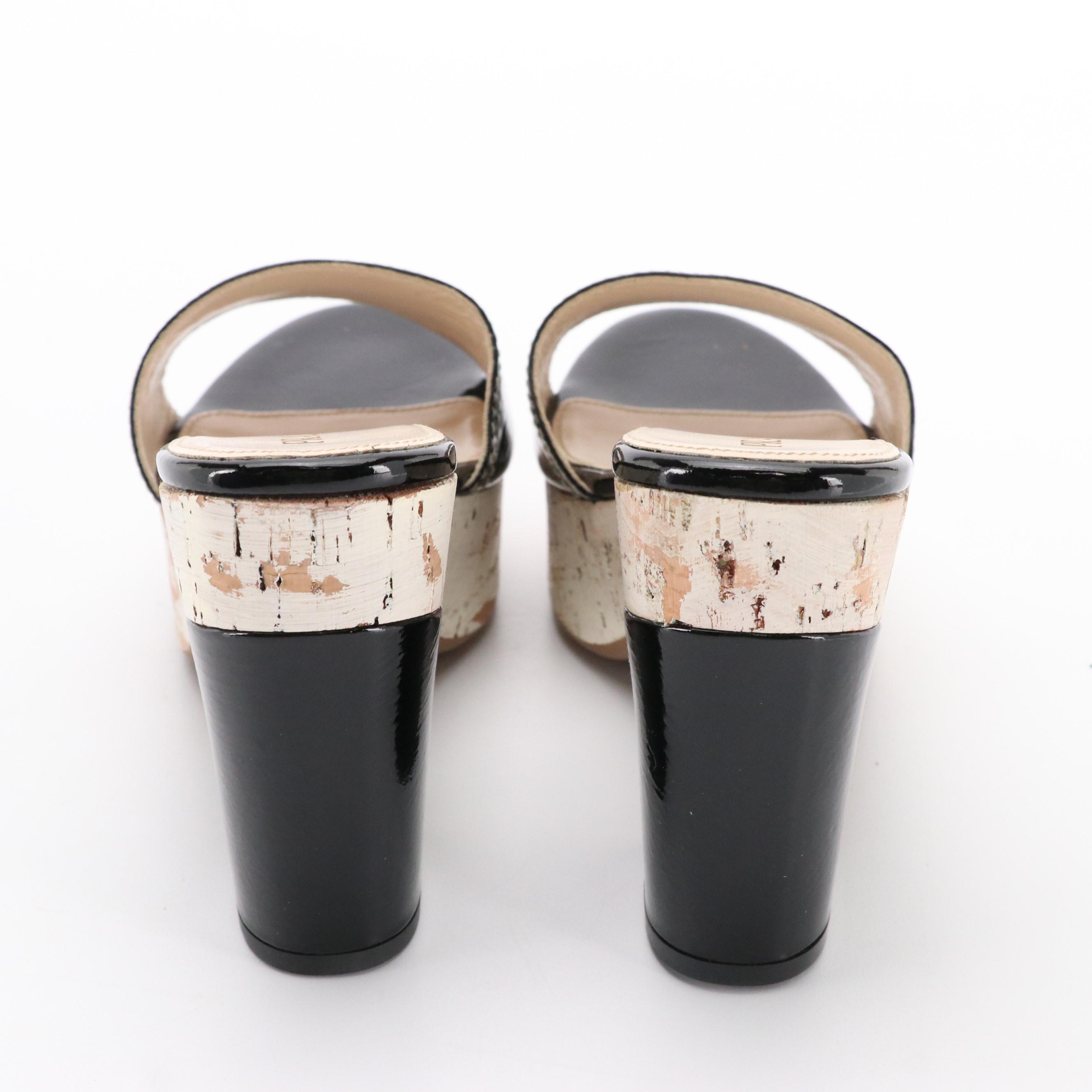 Prada Platform Heels in Patent Leather and Cork with Box