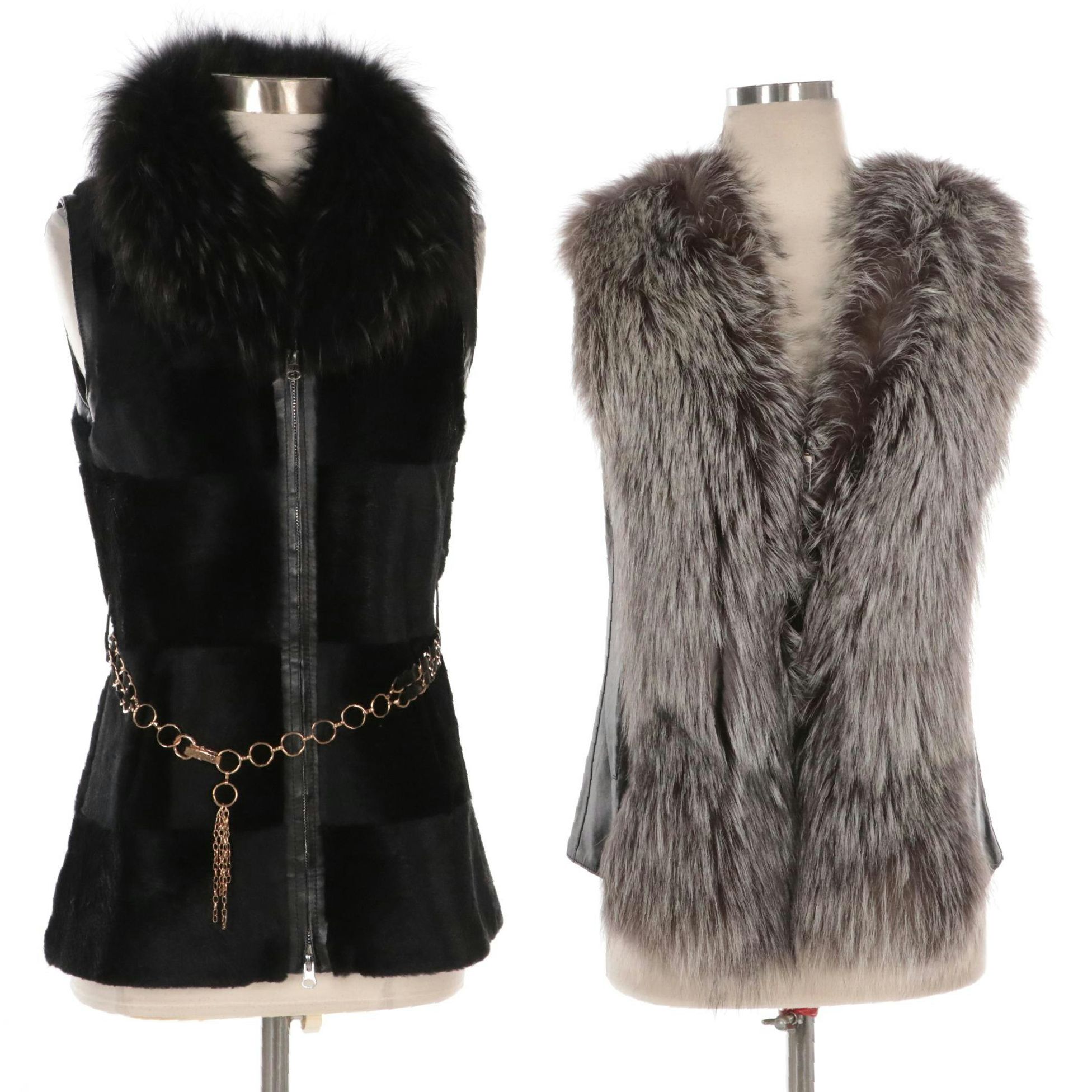 Leather/Silver Fox Fur and Sheared Rabbit/Murmasky Fur Vests by Diana Rosh