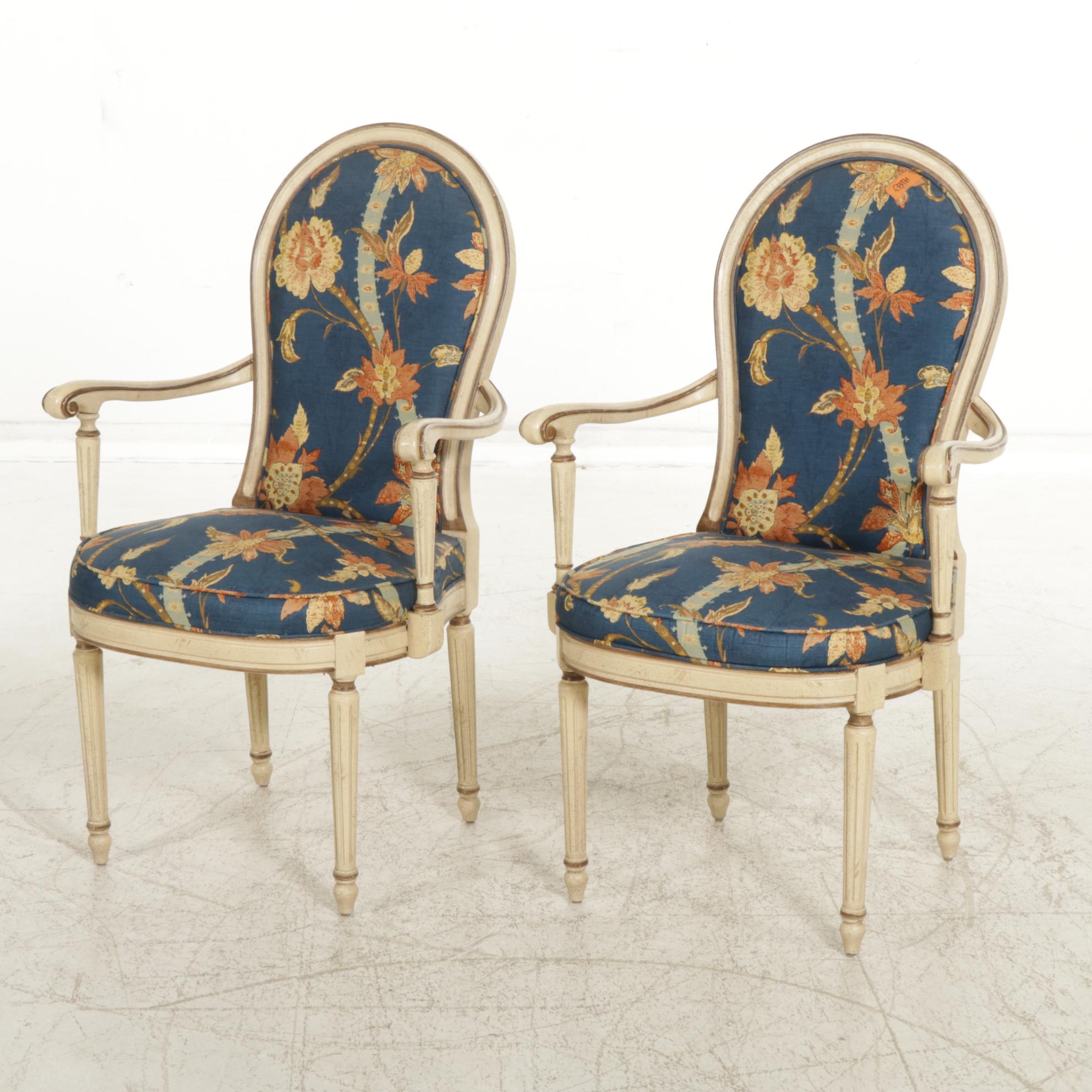 Louis XVI Style Painted Wood Accent Chairs With Floral Upholstery