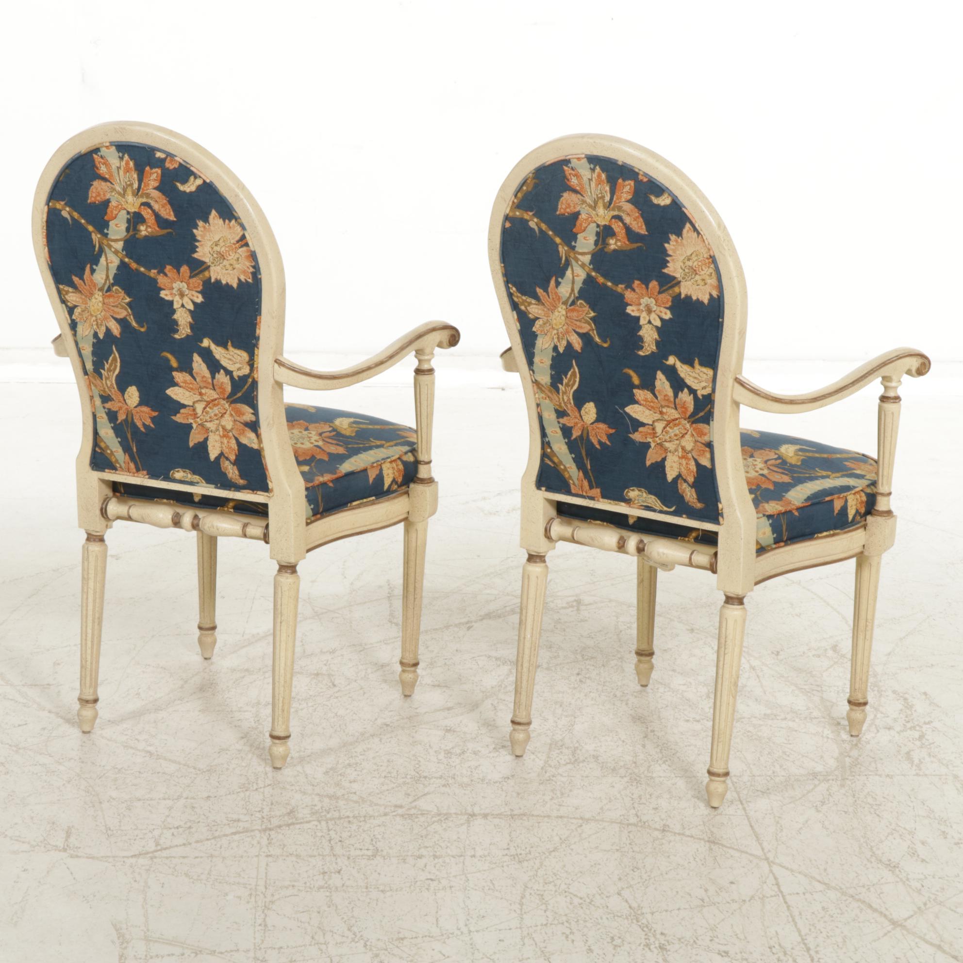 Louis XVI Style Painted Wood Accent Chairs With Floral Upholstery