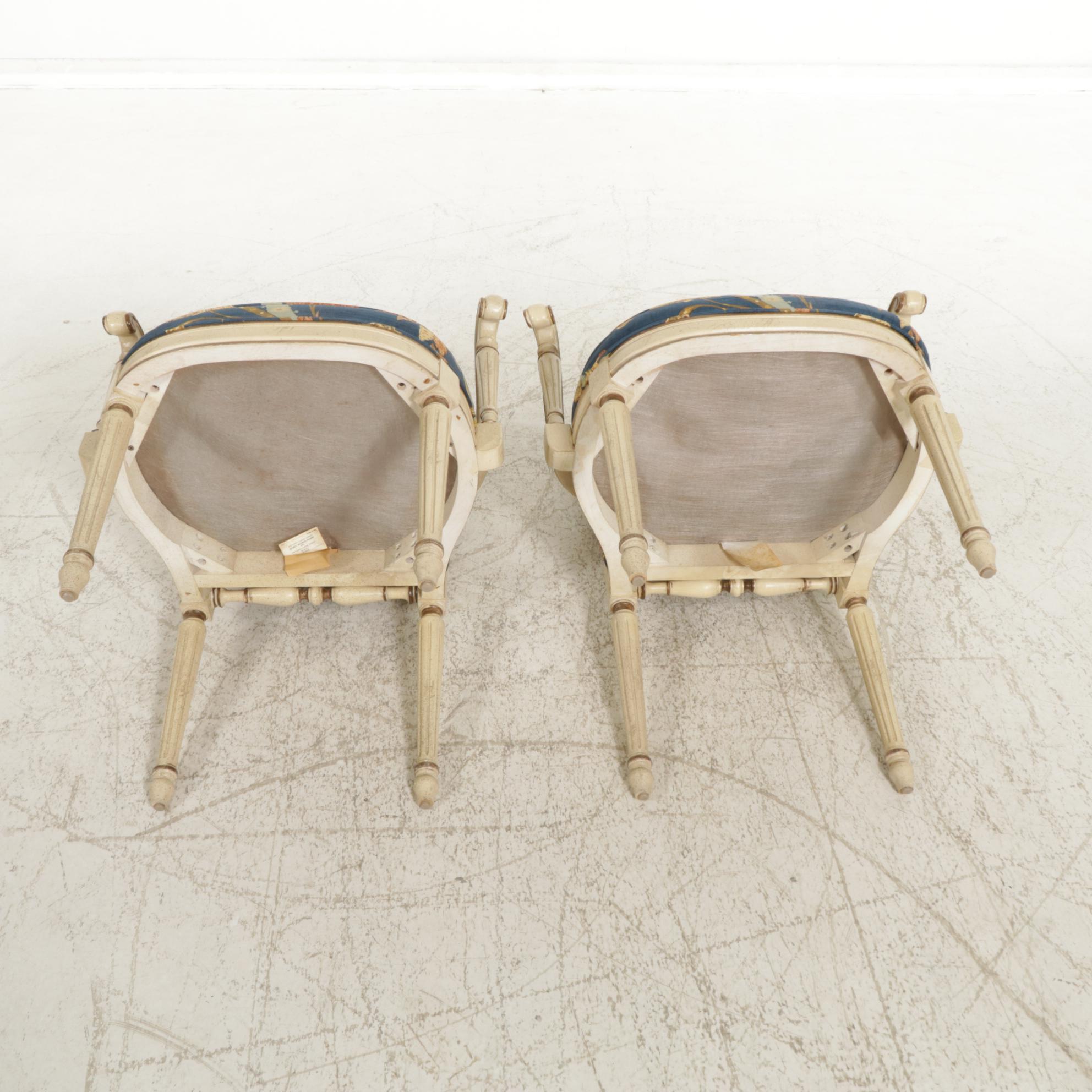 Louis XVI Style Painted Wood Accent Chairs With Floral Upholstery