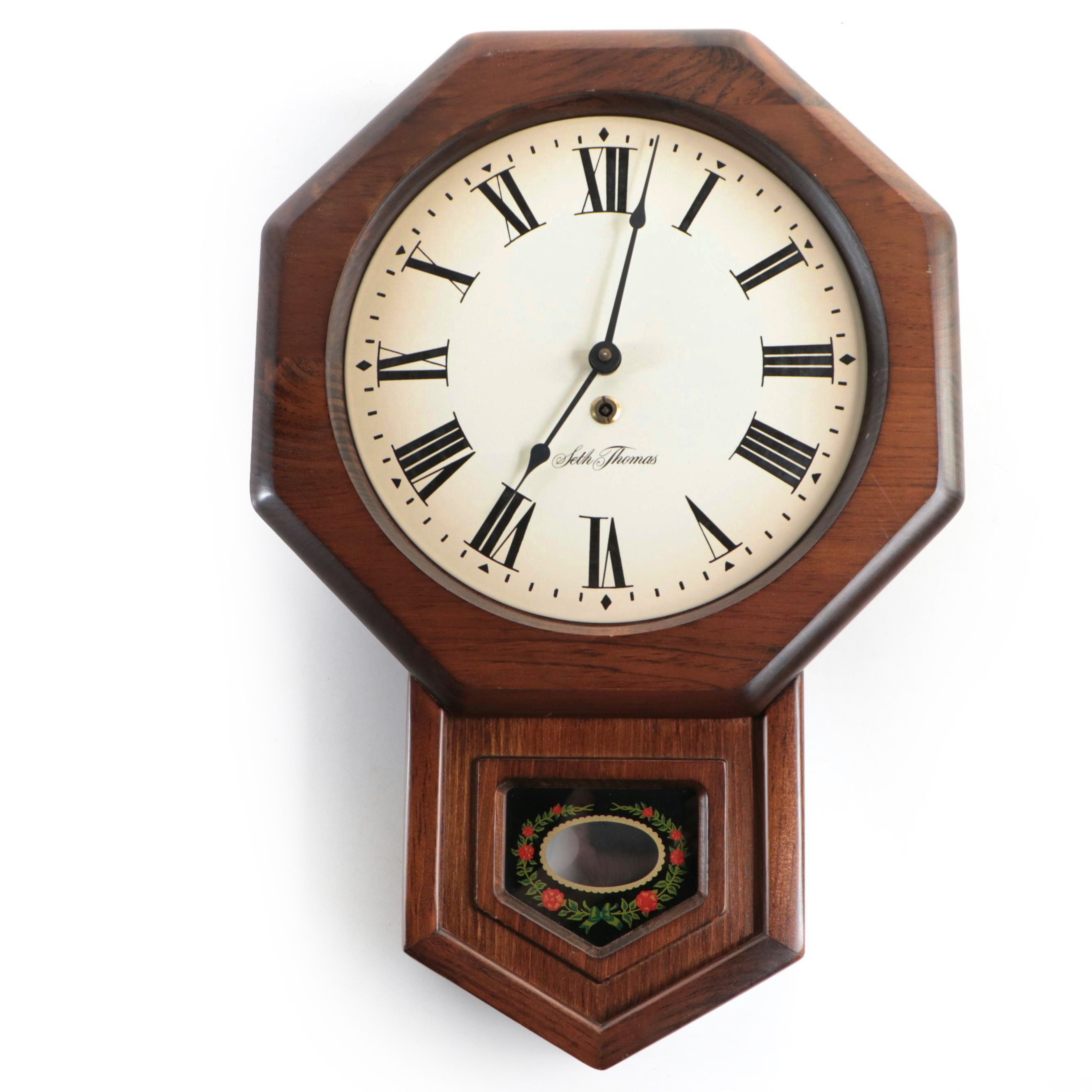 Seth Thomas Wood Case Wall Clock with Floral Garland Detail