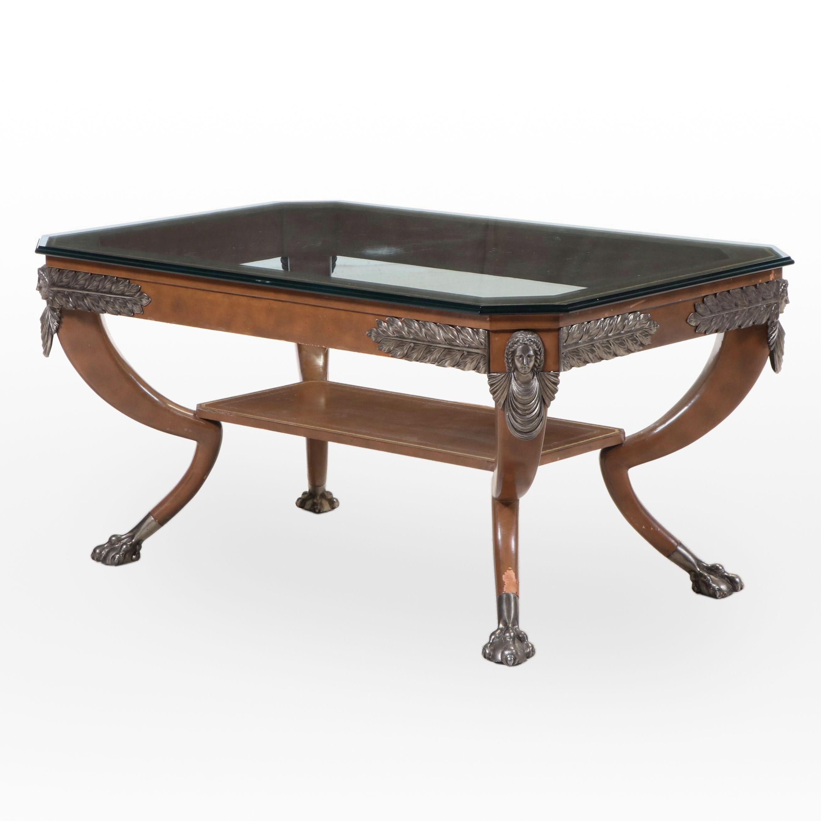 Maitland-Smith Empire Style Metal-Mounted, Leather-Clad, and Glass Coffee Table