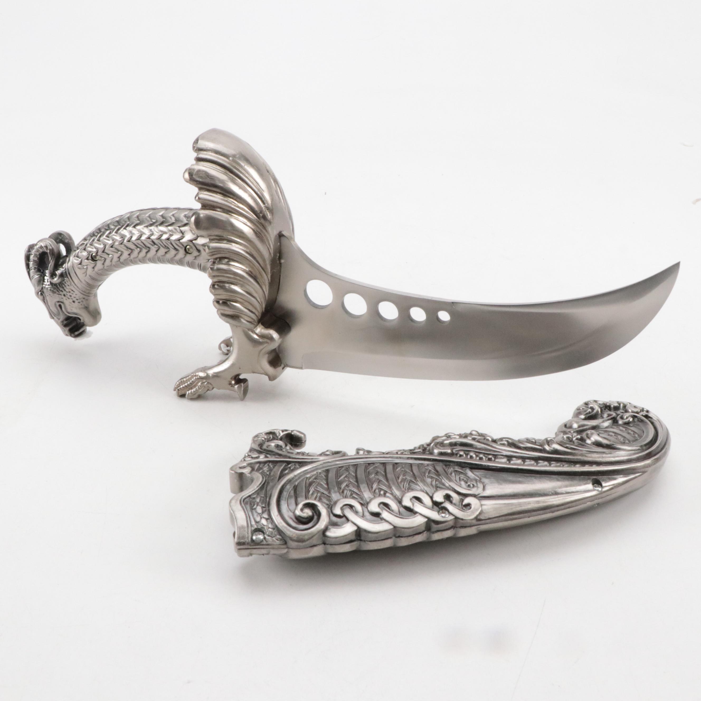 Satin Stainless Dragon-Themed Fantasy Curved Knife with Custom Sheath