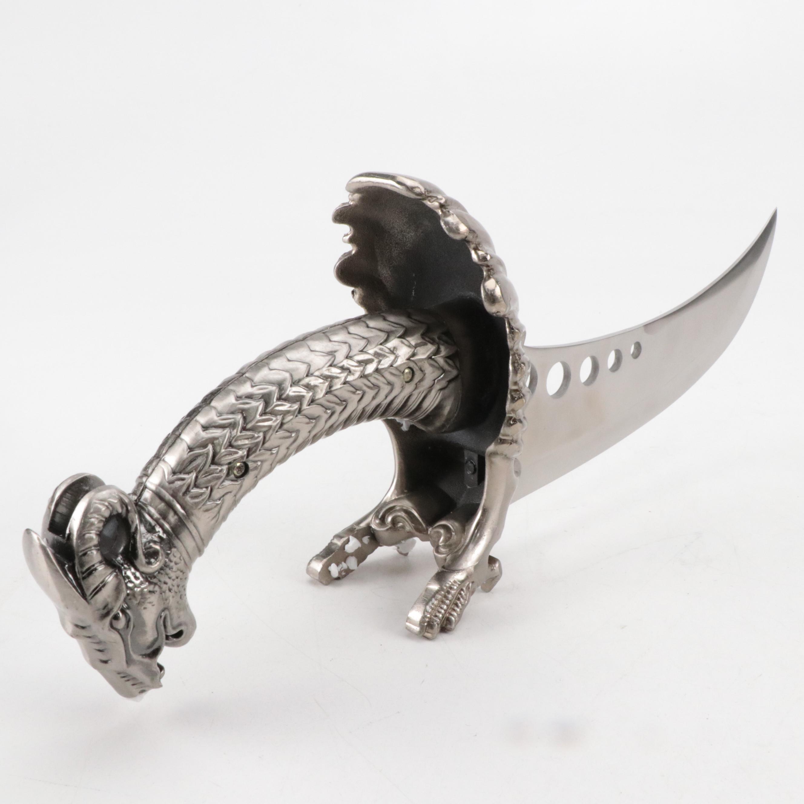 Satin Stainless Dragon-Themed Fantasy Curved Knife with Custom Sheath